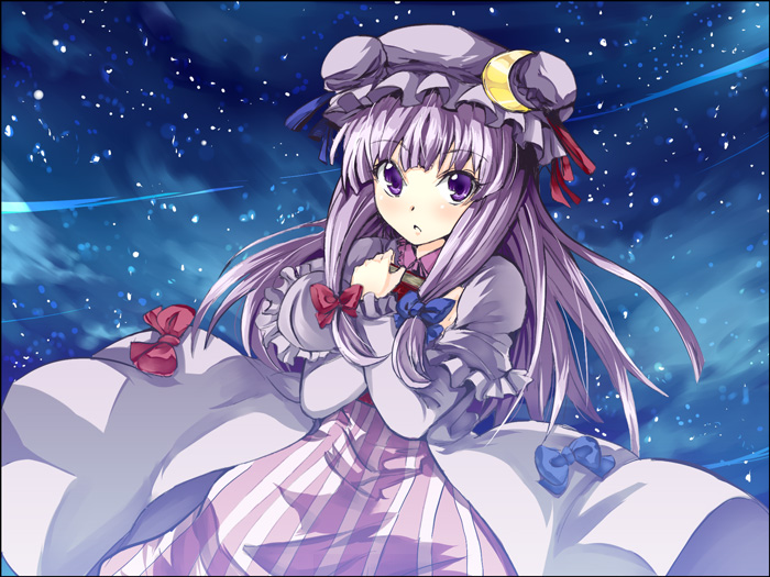 gin'ichi (akacia), ginichi, patchouli knowledge, touhou, striped, 1girl, blush, book, bow, crescent, female focus, hair bow, hat, holding, holding book, hugging book, hugging object, long hair, looking at viewer, night, night sky, purple eyes, purple hair, robe, sky, solo