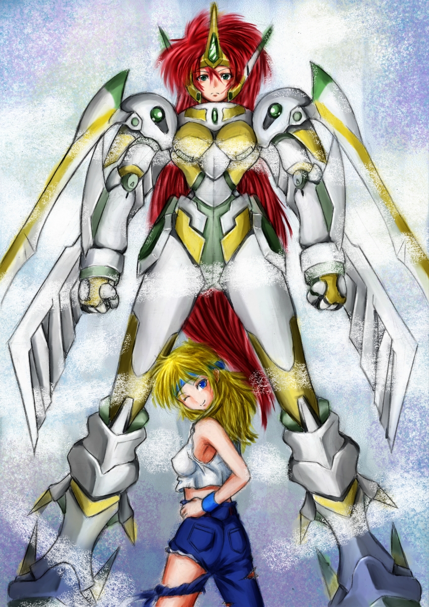 amakasa, lune zoldark, valsione, banpresto, super robot wars, super robot wars the lord of elemental, bad id, bad pixiv id, highres, 2girls, asymmetrical clothes, blonde hair, cutoffs, denim, headband, jeans, mecha, multiple girls, pants, robot, single pantsleg, tank top, torn clothes, torn jeans, torn pants, wristband