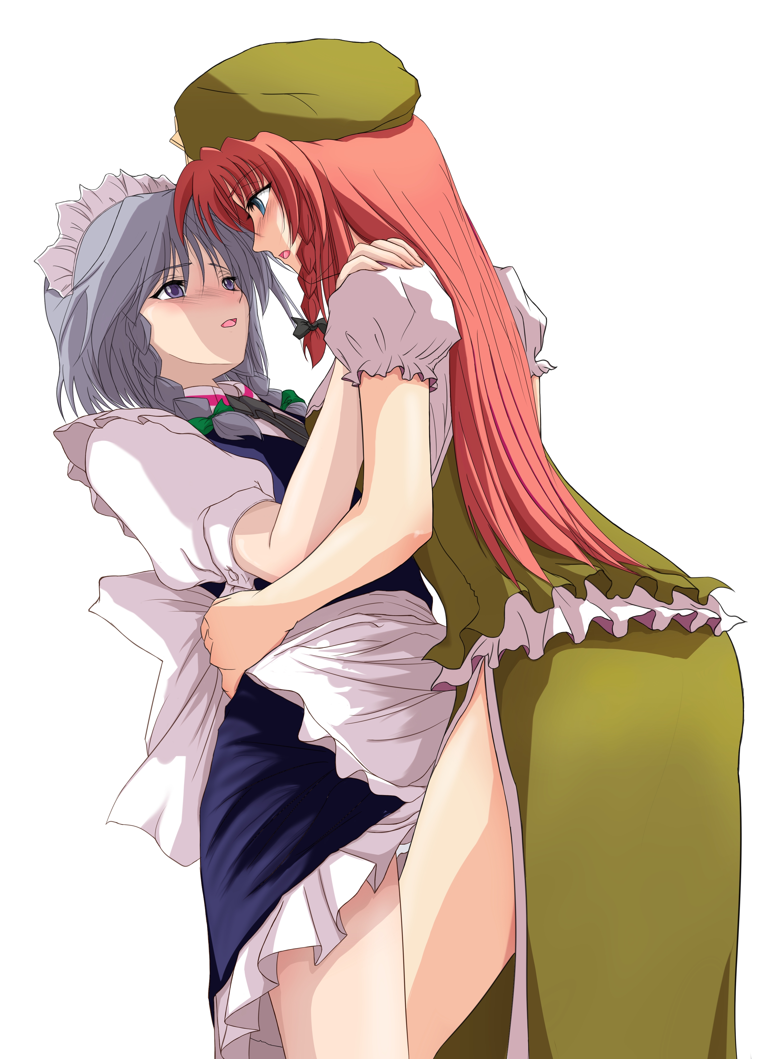 rp (necho), hong meiling, izayoi sakuya, embodiment of scarlet devil, touhou, silver hair, absurdres, highres, 2girls, apron, blue eyes, blush, braid, china dress, chinese clothes, dress, eye contact, female focus, hair ribbon, hat, long hair, looking at another, maid, maid apron, multiple girls, red hair, ribbon, short hair, side slit, simple background, white background, yuri