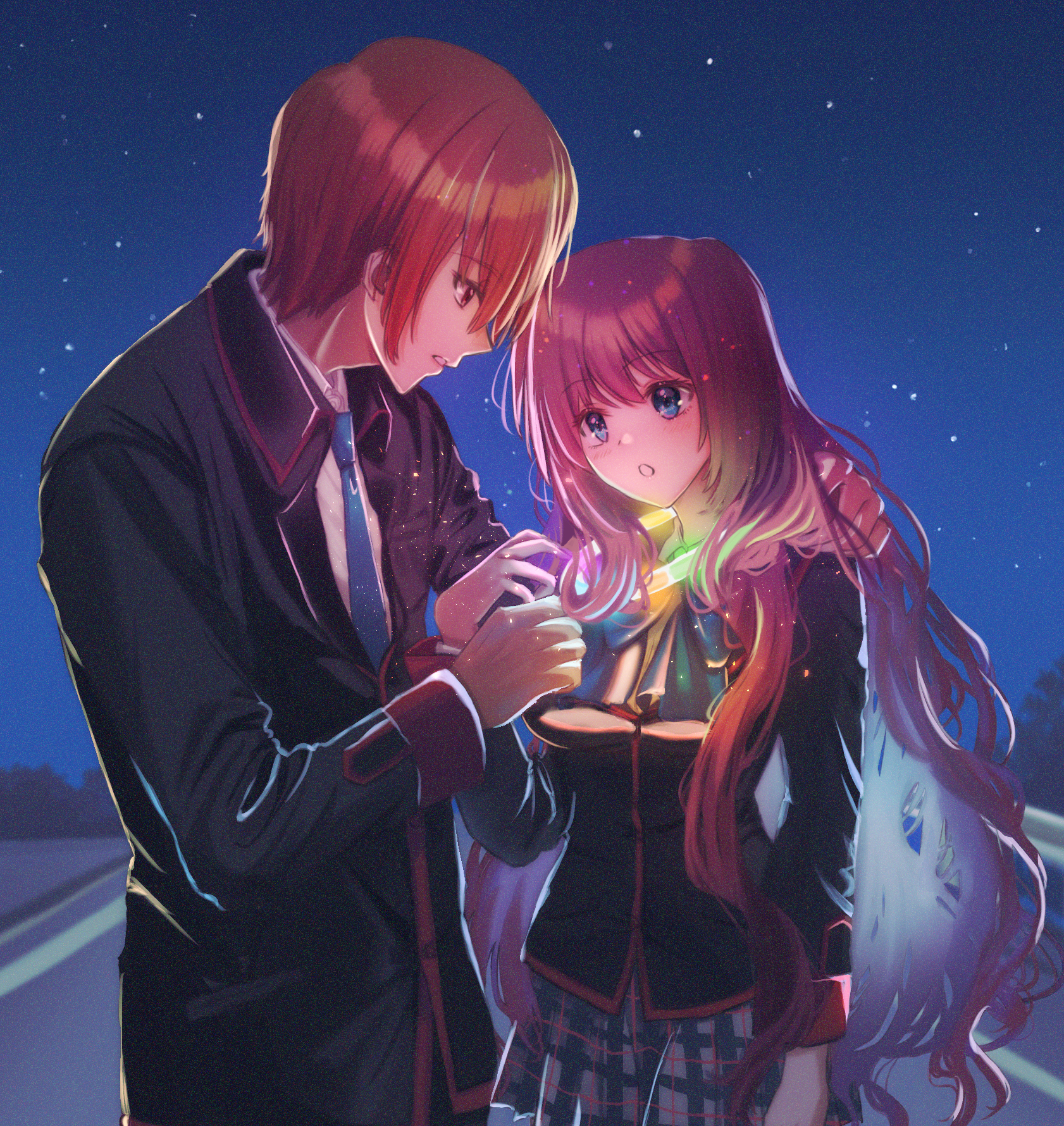 miiizuno lbs, a-chan (little busters!), natsume kyousuke, little busters!, commentary request, highres, 1boy, 1girl, :o, arm around neck, arm at side, black jacket, blazer, blue bow, blue eyes, blush, bow, brown eyes, brown hair, choker, cowboy shot, eyelashes, film grain, glowing, grey skirt, hair between eyes, hair over shoulder, hand up, hetero, jacket, light particles, little busters! school uniform, long hair, long sleeves, looking at another, miniskirt, night, open mouth, outdoors, plaid clothes, plaid skirt, pleated skirt, profile, purple hair, school uniform, short hair, sidelocks, skirt, standing, underlighting, upper body, very long hair, wavy hair