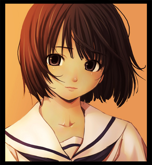 suke akurou, 1girl, black border, black eyes, bob cut, border, brown eyes, brown hair, female focus, lips, looking at viewer, orange background, portrait, school uniform, serafuku, short hair, simple background, solo, upper body