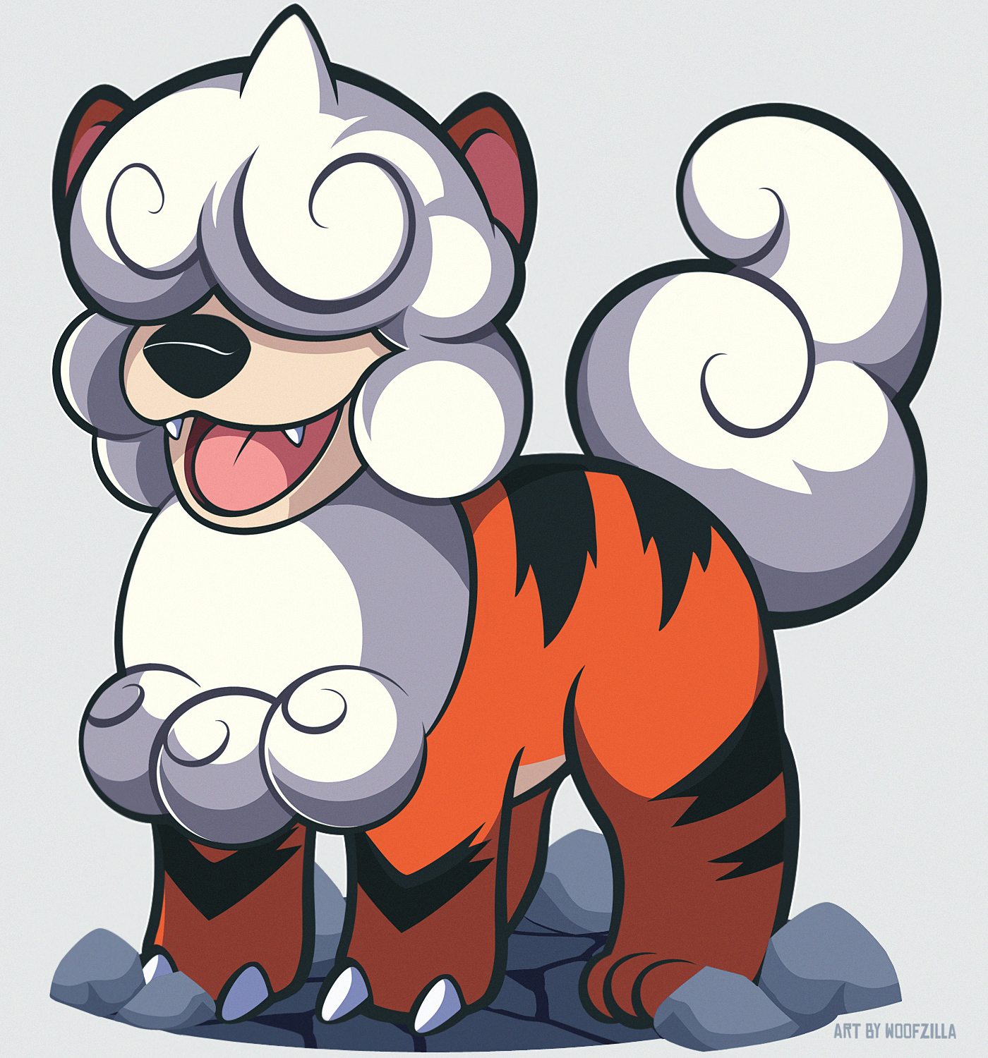 woofzilla, hisuian growlithe, nintendo, pokemon, commentary, english commentary, highres, animal focus, claws, fangs, full body, grey background, no humans, open mouth, pokemon (creature), rock, simple background, solo