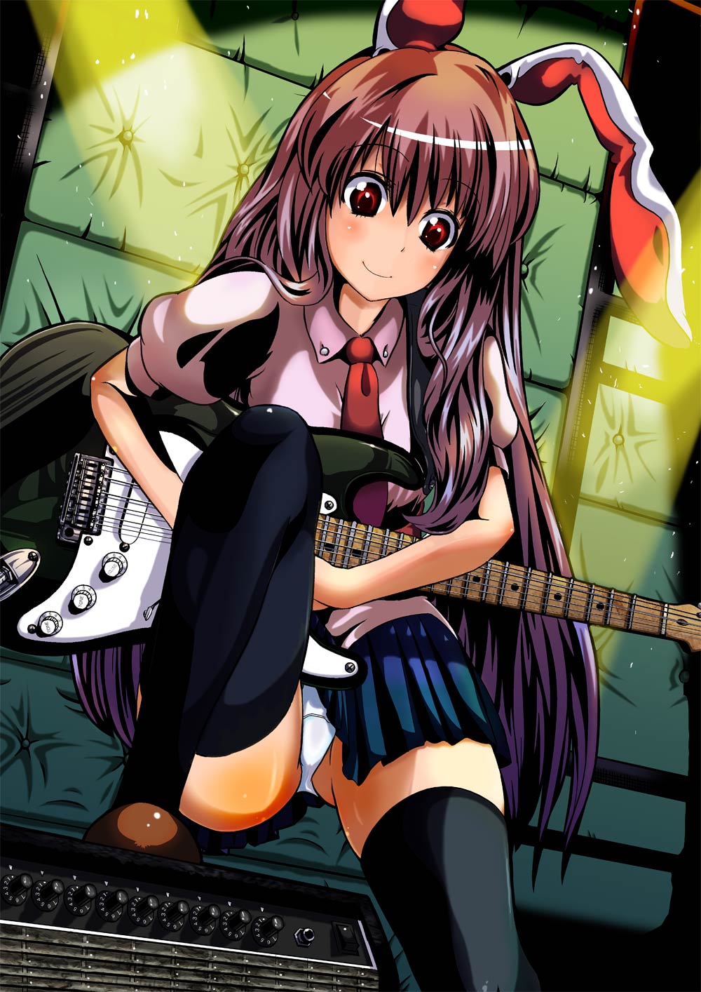 cream (nipakupa), reisen udongein inaba, touhou, bad id, bad pixiv id, highres, 1girl, amplifier, animal ears, electric guitar, female focus, fender stratocaster, guitar, instrument, long hair, necktie, panties, pantyshot, purple hair, rabbit ears, red eyes, red necktie, sitting, skirt, solo, thighhighs, underwear