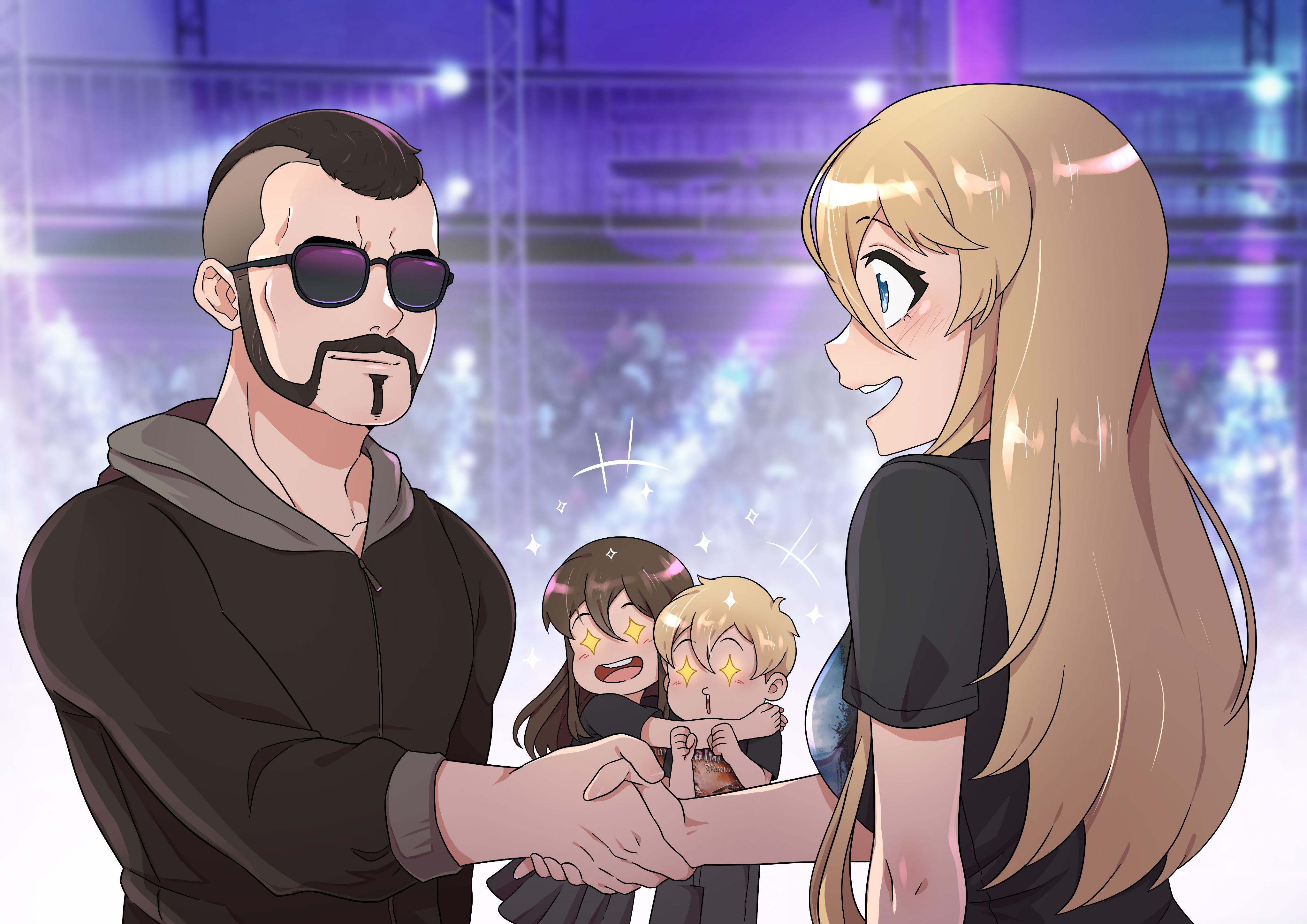 canned sardines, bismarck (azur lane), joakim broden, azur lane, original, real life, sabaton (band), absurdres, commentary, commission, english commentary, highres, + +, 2boys, 2girls, arms around neck, black hair, black jacket, black pants, black shirt, black skirt, blonde hair, blue eyes, closed mouth, facial hair, goatee, hair between eyes, handshake, hood, hooded jacket, jacket, long hair, long sleeves, medium hair, mohawk, mother and daughter, mother and son, multiple boys, multiple girls, mustache, open mouth, pants, shirt, short hair, short sleeves, siblings, skirt, sunglasses, teeth, upper teeth only, zipper
