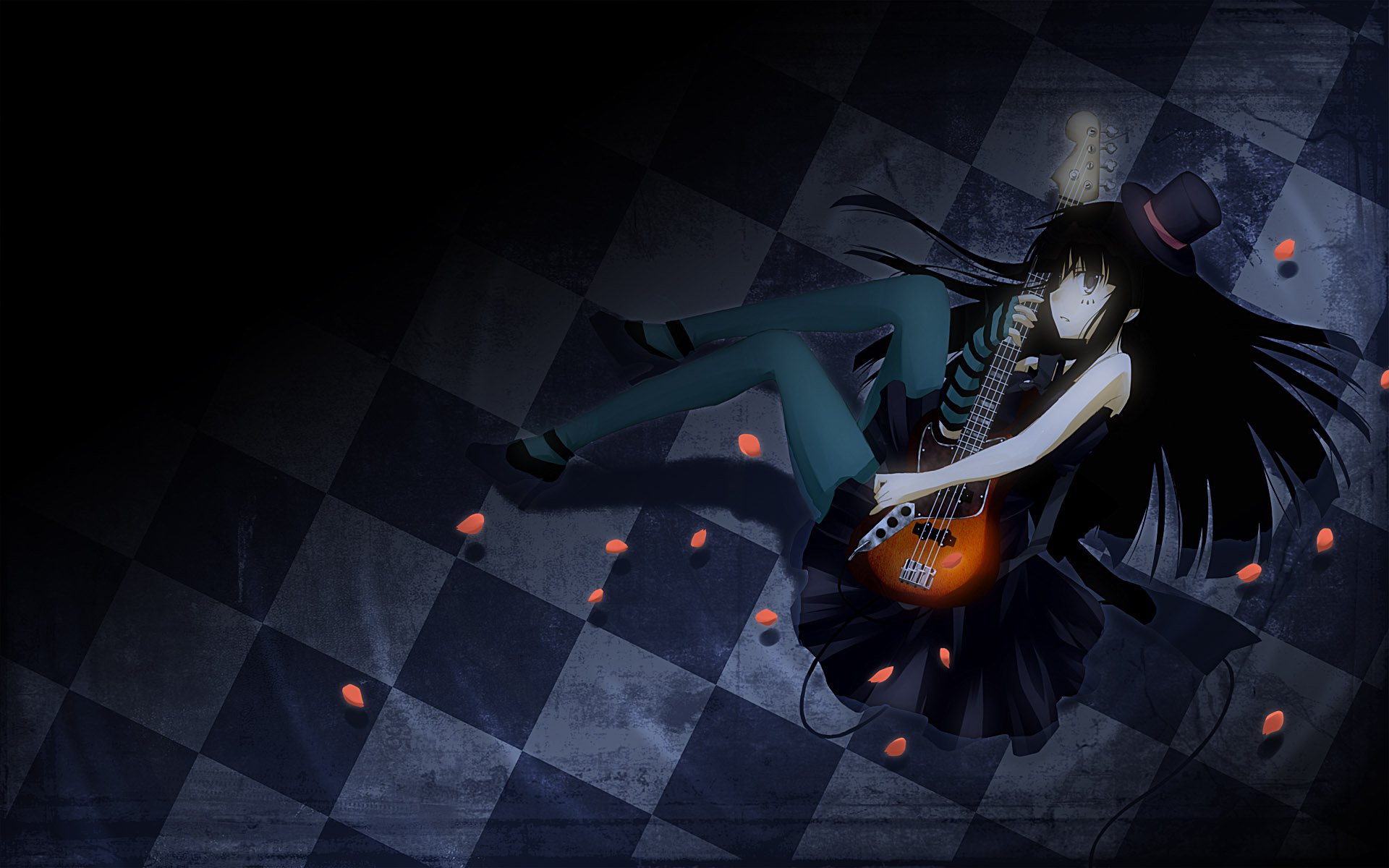 yuuki eishi, akiyama mio, don't say "lazy", k-on!, striped, highres, 00s, 1girl, bass guitar, black hair, blue eyes, blue pantyhose, blunt bangs, dark, dress, facepaint, female focus, hat, instrument, long hair, mini hat, mini top hat, pantyhose, petals, solo, top hat, water