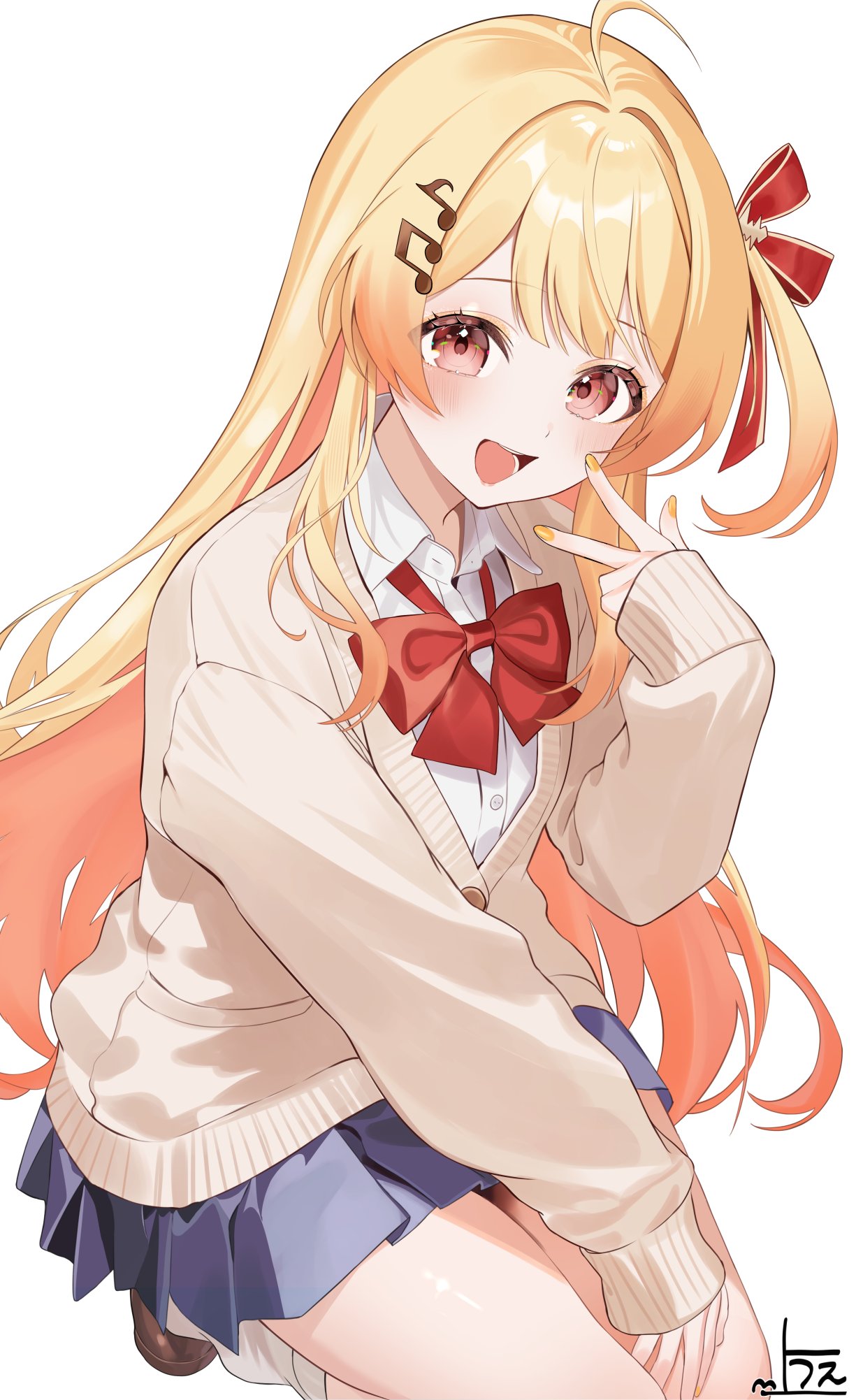 uekana9, otonose kanade, hololive, hololive dev is, commentary request, highres, 1girl, :d, ahoge, blonde hair, blue skirt, bow, bowtie, brown eyes, brown shoes, cardigan, center-flap bangs, collared shirt, double-parted bangs, fortissimo, gradient hair, hair ornament, hair ribbon, hairclip, hand up, kneeling, loafers, long hair, long sleeves, looking at viewer, loose socks, miniskirt, multicolored hair, musical note, musical note hair ornament, one side up, open mouth, orange hair, pleated skirt, red bow, red bowtie, red ribbon, ribbon, school uniform, shirt, shoes, sidelocks, skirt, sleeves past wrists, smile, socks, solo, very long hair, virtual youtuber, w, white background, white cardigan, white shirt, white socks