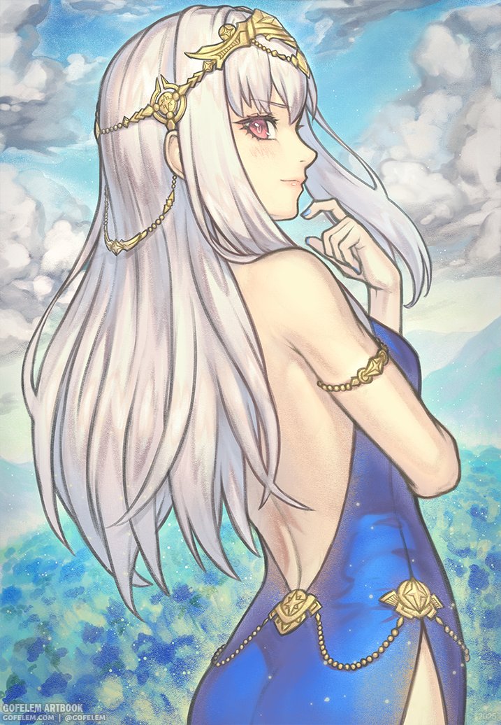 gofelem, lysithea von ordelia, fire emblem, fire emblem: three houses, nintendo, commentary, alternate costume, armlet, artist name, backless dress, backless outfit, bare shoulders, blue sky, blush, circlet, cloud, dress, formal clothes, from behind, jewelry, lips, long hair, looking at viewer, pink eyes, pink lips, profile, purple dress, sky, white hair