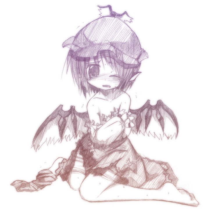 izumi yukiru, mystia lorelei, touhou, 1girl, animal ears, bare shoulders, barefoot, blush, collarbone, female focus, hat, kneeling, monochrome, off shoulder, short hair, sketch, solo, tears, torn clothes, wince, wings, wink