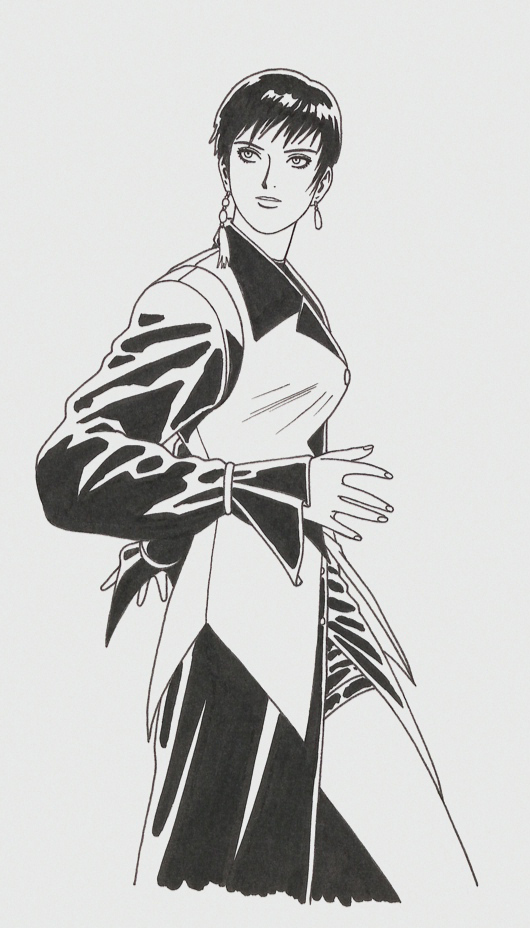 mori toshiaki, vice (kof), the king of fighters, 1girl, black hair, breasts, dress, earrings, female focus, formal clothes, jewelry, large breasts, long sleeves, pale skin, shinkiro, short hair, skirt, standing, suit, thick thighs, thighs