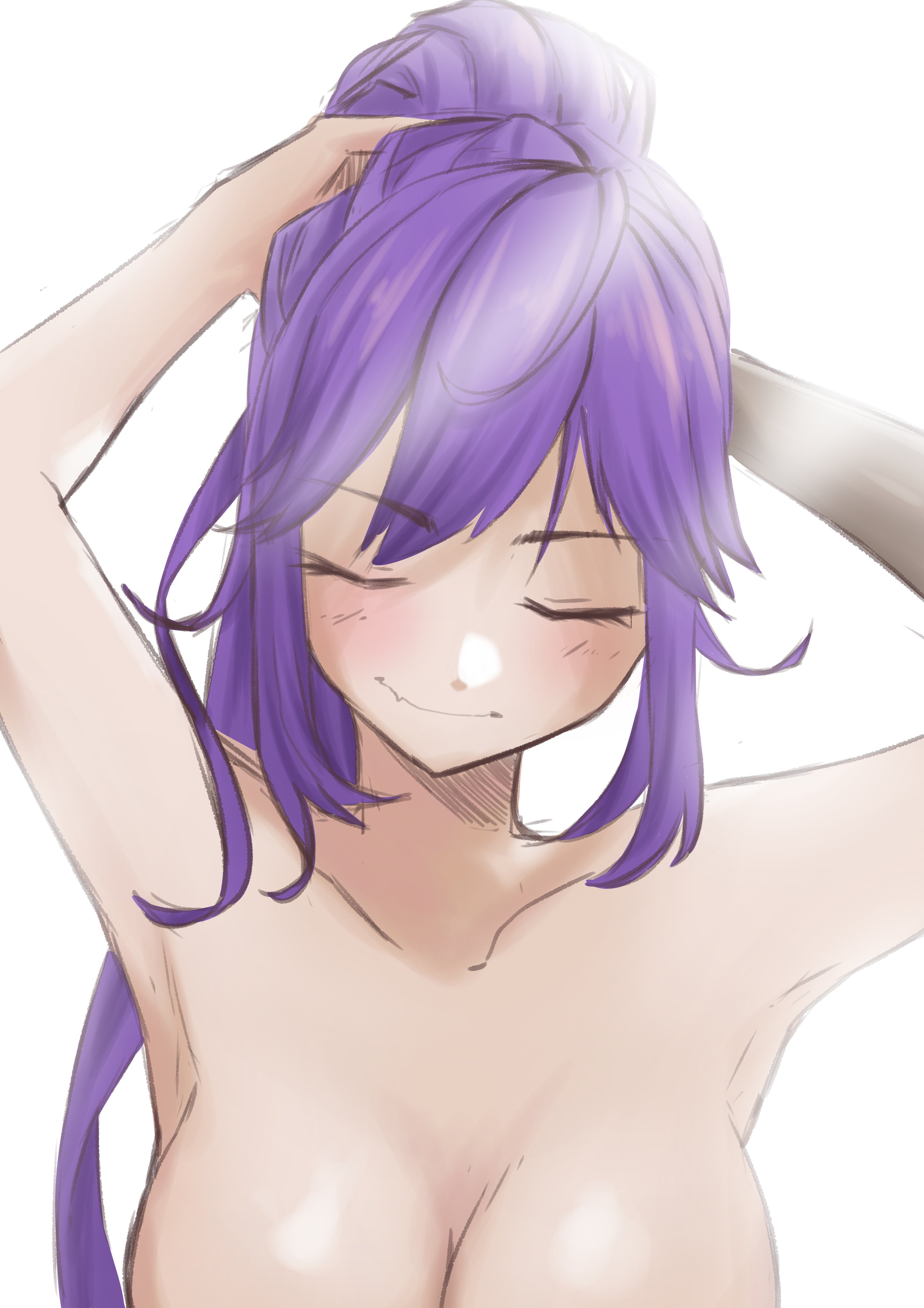 yarashi thought, selen tatsuki, nijisanji, nijisanji en, absurdres, commentary, english commentary, highres, 1girl, alternate hairstyle, armpits, arms behind head, arms up, artistic error, asymmetrical arms, breasts, cleavage, closed eyes, closed mouth, double-parted bangs, facing viewer, fang, hairdressing, hatching (texture), high ponytail, holding, holding own hair, large breasts, light blush, light rays, linear hatching, long hair, no wings, nude, out-of-frame censoring, ponytail, purple hair, sidelighting, sidelocks, simple background, sketch, skin fang, smile, solo, tying hair, upper body, virtual youtuber, white background