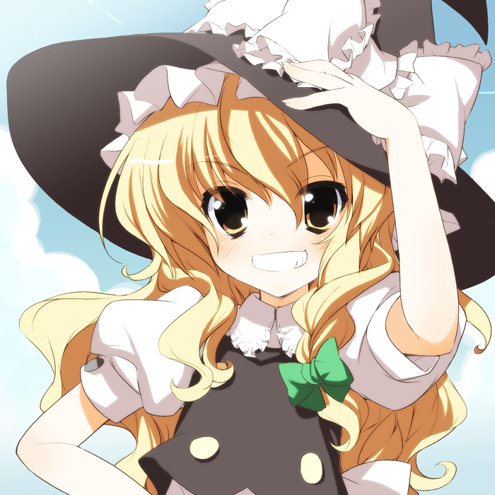 gotou nao, kurot, kirisame marisa, touhou, colorized, 1girl, blonde hair, bow, female focus, grin, hand on headwear, hand on own hip, hat, smile, solo, upper body, witch, witch hat, yellow eyes