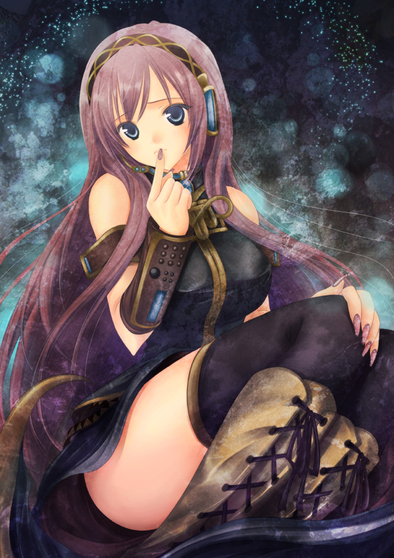 aikawa daisei, megurine luka, vocaloid, bad id, bad pixiv id, 1girl, blue eyes, boots, breasts, female focus, finger to mouth, headphones, large breasts, long hair, nail art, nail polish, pink hair, pink nails, solo, thigh boots, thighhighs, thighs