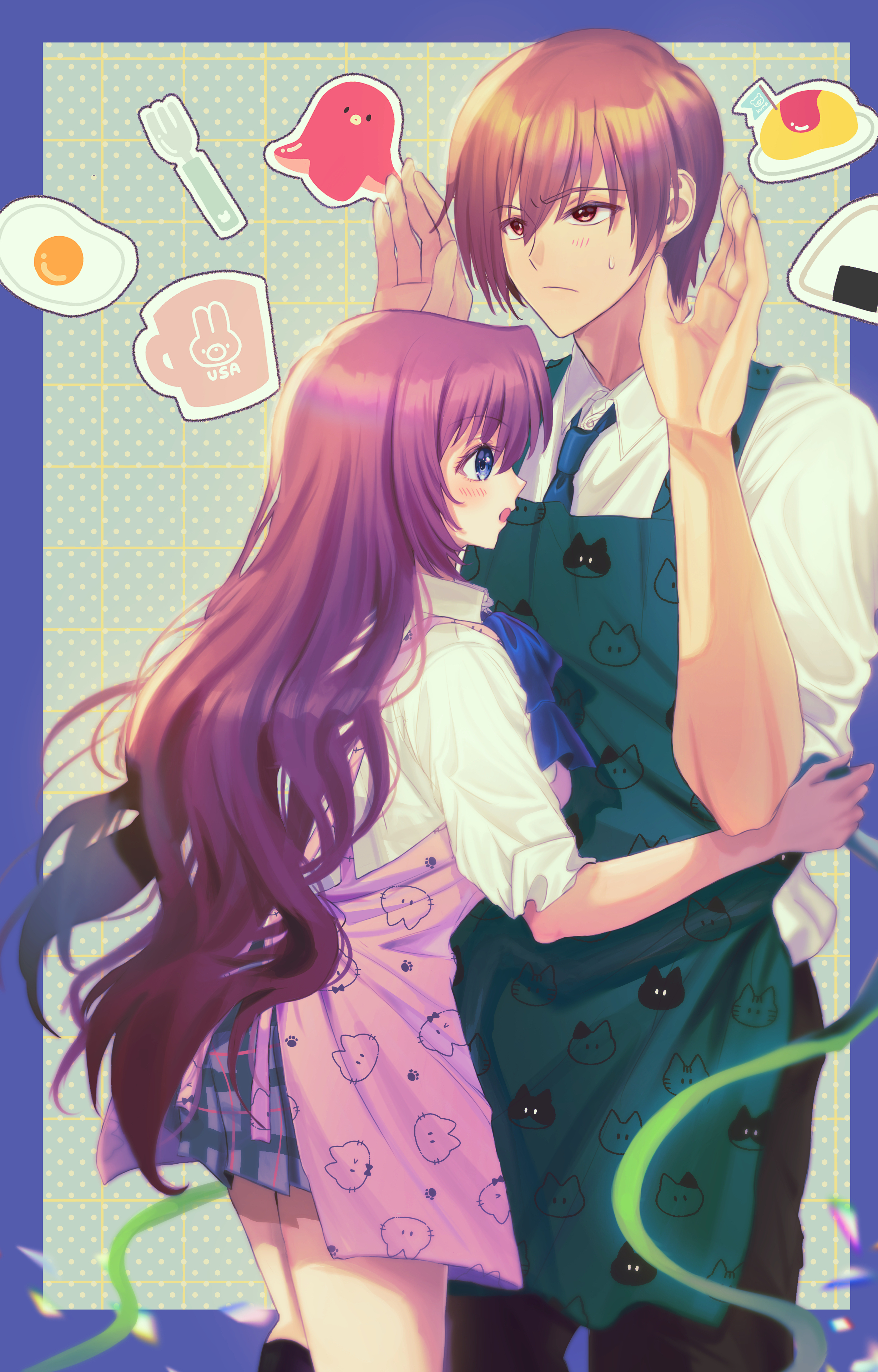 miiizuno lbs, a-chan (little busters!), natsume kyousuke, little busters!, absurdres, commentary request, highres, 1boy, 1girl, :/, adapted costume, animal print, apron, arm around waist, blue bow, blue eyes, blue necktie, blush, bow, brown hair, cat print, closed mouth, collared shirt, couple, cowboy shot, cup, dressing another, egg (food), eyelashes, food, food art, fork, from side, frown, green apron, grey skirt, hair between eyes, hands up, hetero, hug, little busters! school uniform, long hair, long sleeves, looking at another, looking up, miniskirt, mug, necktie, omelet, omurice, onigiri, open mouth, pink apron, plaid clothes, plaid skirt, print apron, profile, purple hair, red eyes, school uniform, shirt, short hair, shy, skirt, sleeves rolled up, standing, sweatdrop, tako-san wiener, upturned eyes, very long hair, wavy hair, white shirt