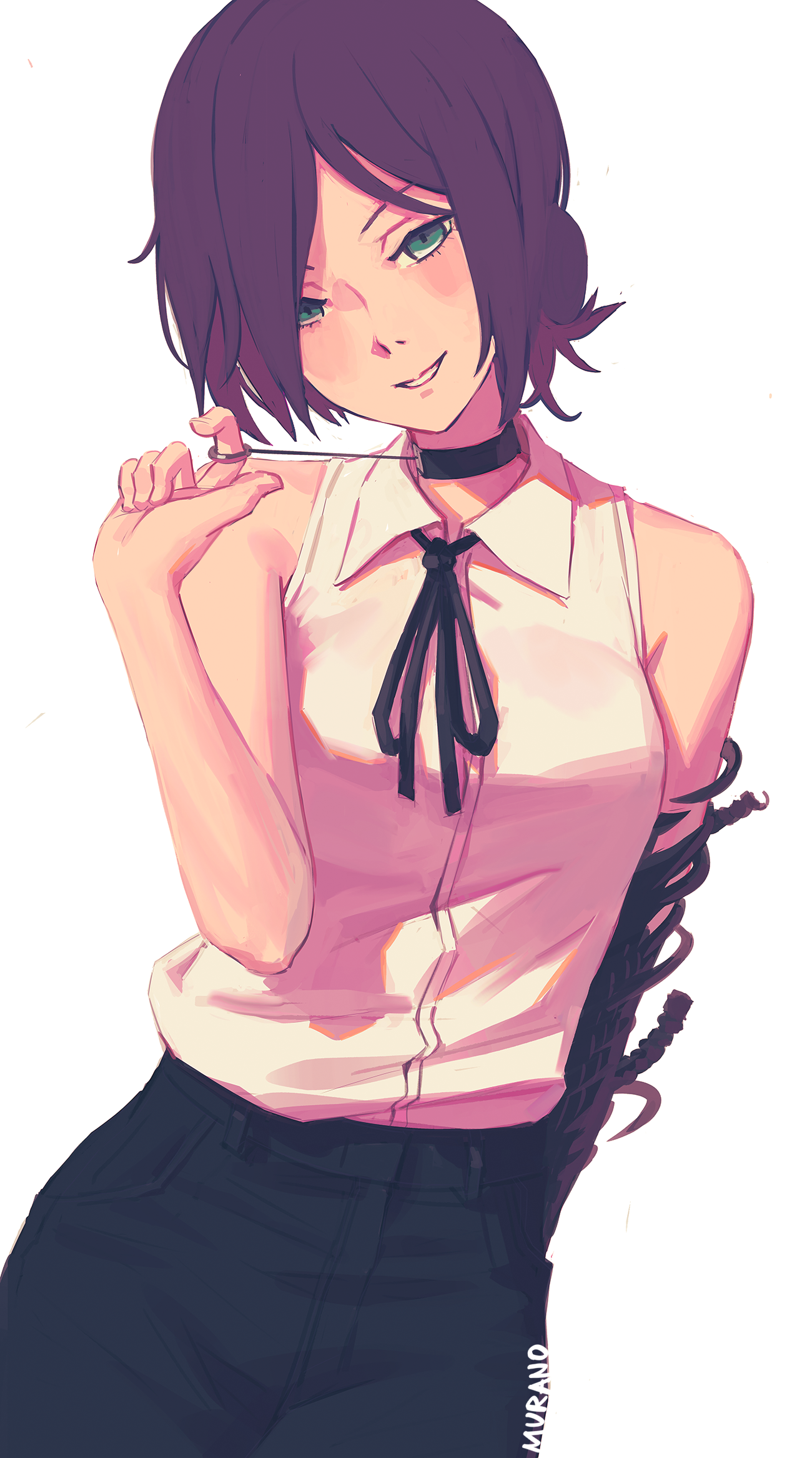 muranomiro, reze (chainsaw man), chainsaw man, highres, 1girl, artist name, black gloves, black ribbon, black shorts, choker, elbow gloves, gloves, green eyes, looking at viewer, neck ribbon, pull cord, purple hair, ribbon, shirt, shorts, simple background, single elbow glove, sleeveless, sleeveless shirt, solo, white background, white shirt