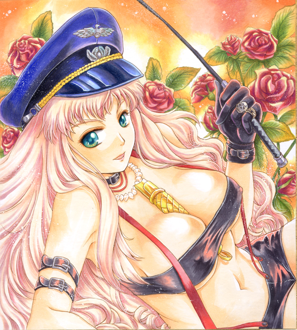 pemoko, sheryl nome, macross, macross frontier, bad id, bad pixiv id, traditional media, 00s, 1girl, belt, between breasts, blue eyes, breasts, choker, cleavage, covered erect nipples, female focus, flower, gloves, hat, jewelry, large breasts, long hair, microphone, necklace, peaked cap, riding crop, ring, solo, strapless, suspenders, tube top, very long hair, whip
