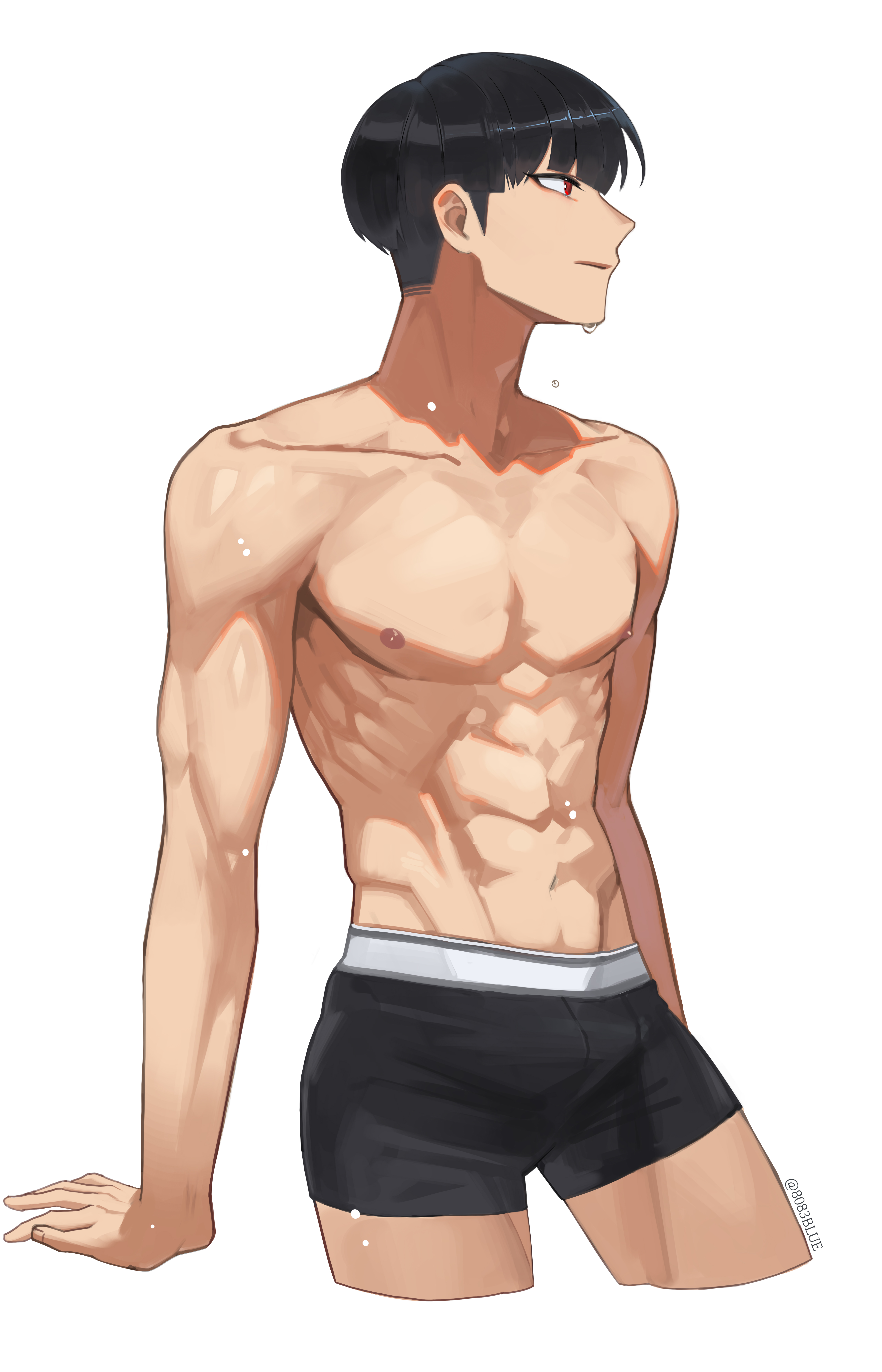 8083 blue, hoshina soshiro, kaijuu no. 8, absurdres, commentary, highres, 1boy, abs, arm support, black hair, black male underwear, boxers, bulge, collarbone, cropped legs, looking to the side, male focus, male underwear, nipples, pectorals, red eyes, shredded muscles, sideburns, simple background, solo, toned, toned male, topless male, underwear, underwear only, wet face