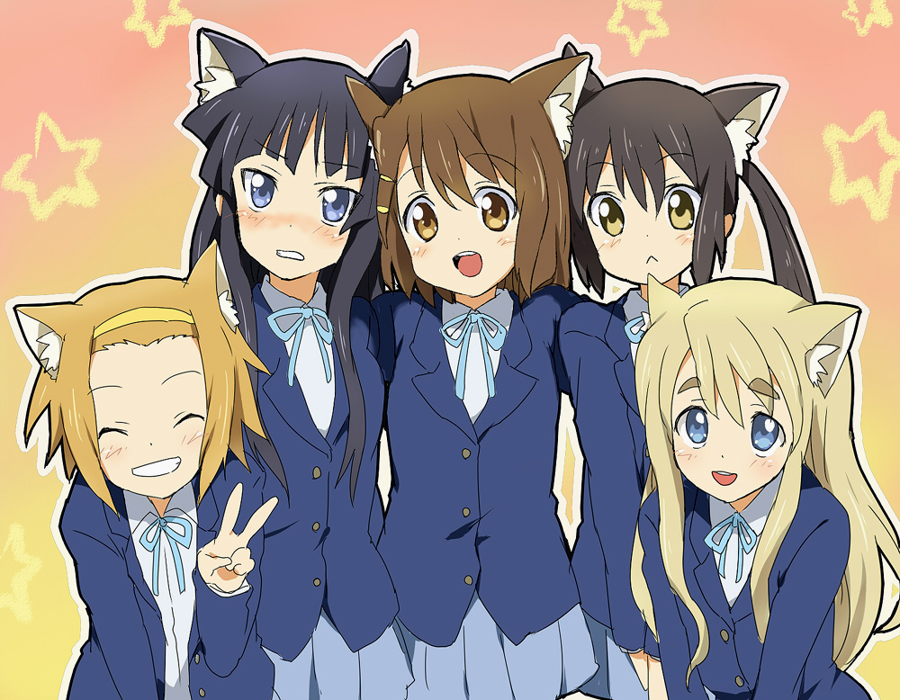 maruki (punchiki), akiyama mio, hirasawa yui, kotobuki tsumugi, nakano azusa, tainaka ritsu, k-on!, eyebrows, bad id, bad pixiv id, 00s, 5girls, :<, animal ears, blunt bangs, blush, cat ears, closed eyes, hair ornament, hairclip, hime cut, ho-kago tea time, kemonomimi mode, multiple girls, school uniform, twintails, v