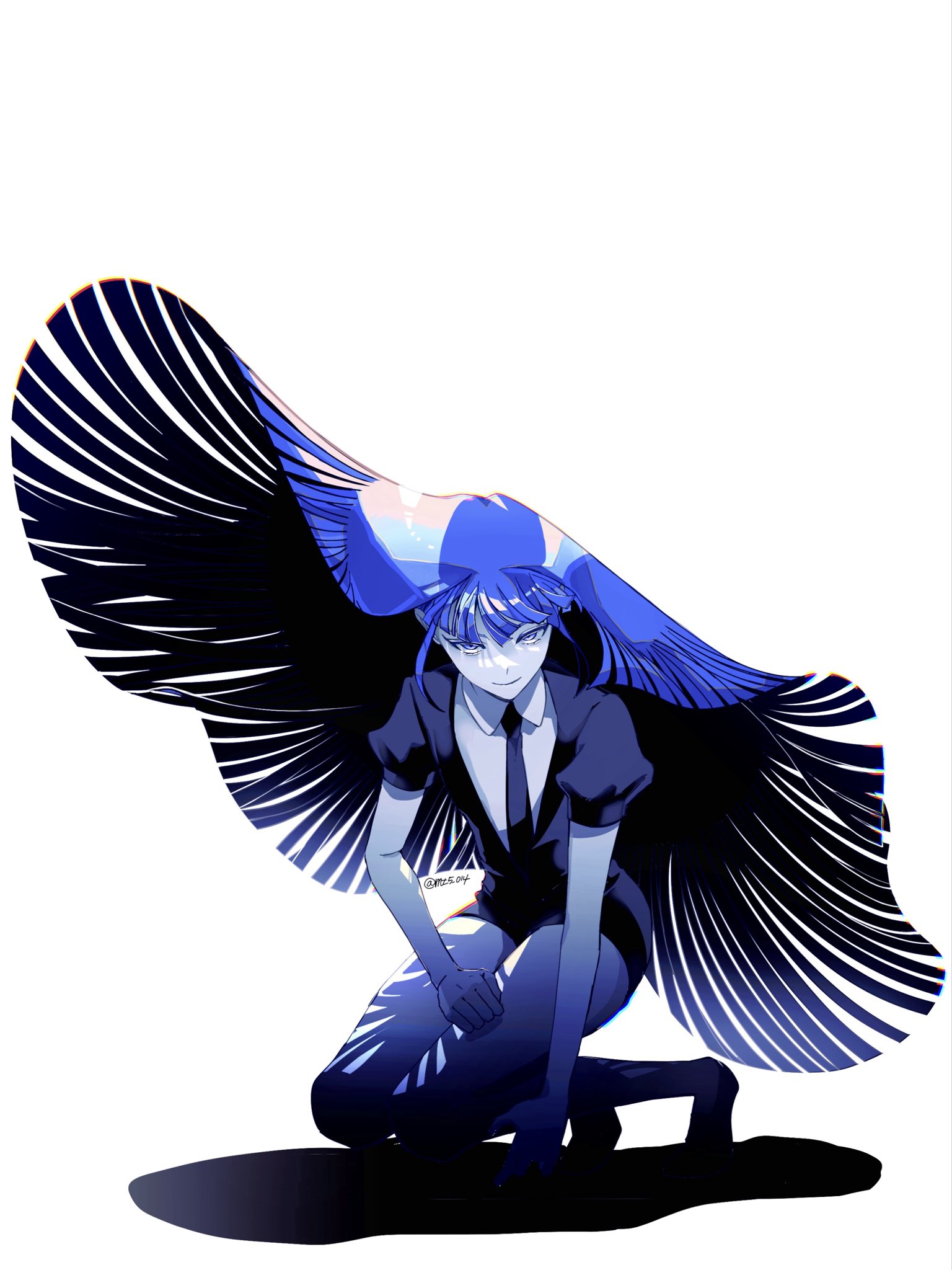 mt5 014, lapis lazuli (houseki no kuni), houseki no kuni, highres, 1other, androgynous, black necktie, blue hair, colored eyelashes, colored skin, crystal hair, gem uniform (houseki no kuni), glowing, glowing hair, lapis lazuli (gemstone), necktie, other focus, phosphophyllite (gemstone), shards, short jumpsuit, white skin