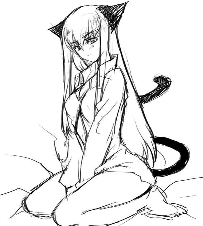 creayus, c.c., code geass, 00s, animal ears, barefoot, breasts, cat ears, cat tail, greyscale, kneeling, large breasts, long hair, monochrome, sketch, solo, tail, thighs