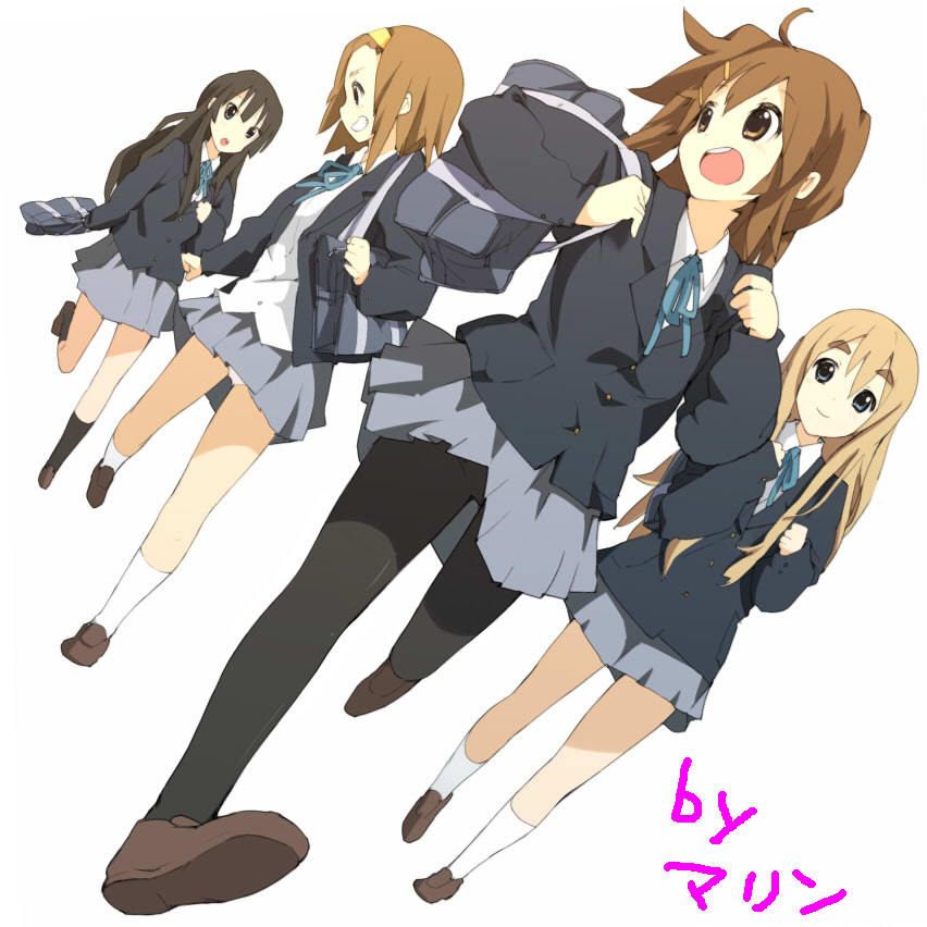 harepore, akiyama mio, hirasawa yui, kotobuki tsumugi, tainaka ritsu, k-on!, bad id, bad pixiv id, 00s, 4girls, bag, black hair, blonde hair, blunt bangs, brown hair, hair ornament, hairband, hairclip, hairpin, hime cut, instrument, legs, long hair, multiple girls, open mouth, panties, panties under pantyhose, pantyhose, ribbon, school uniform, short hair, skirt, underwear, upskirt