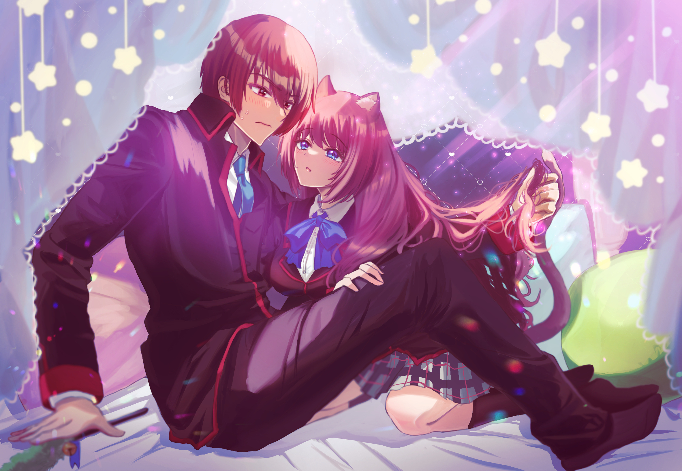 miiizuno lbs, a-chan (little busters!), natsume kyousuke, little busters!, commentary request, highres, 1boy, 1girl, animal ear fluff, animal ears, black jacket, black socks, blazer, blue bow, blue bowtie, blue eyes, blue necktie, blush, bow, bowtie, brown hair, cat ears, cat girl, cat tail, collared shirt, curtains, embarrassed, flirting, from side, frown, full body, grey shirt, hair spread out, hand in another's hair, hetero, holding another's hair, indoors, jacket, kemonomimi mode, kneehighs, knees up, little busters! school uniform, long hair, long sleeves, looking at another, looking down, miniskirt, necktie, no shoes, on bed, open mouth, parted lips, plaid clothes, plaid skirt, red eyes, school uniform, shirt, short hair, sitting, skirt, socks, star (symbol), sweatdrop, tail, tail raised, very long hair, wariza, white shirt