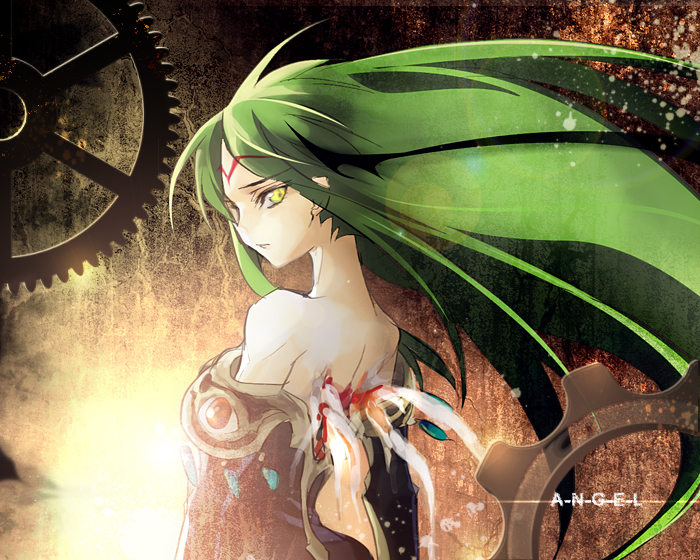 creayus, c.c., code geass, 00s, angel wings, back, bare back, bare shoulders, blood, facial mark, forehead mark, green hair, injury, long hair, solo, wings, yellow eyes