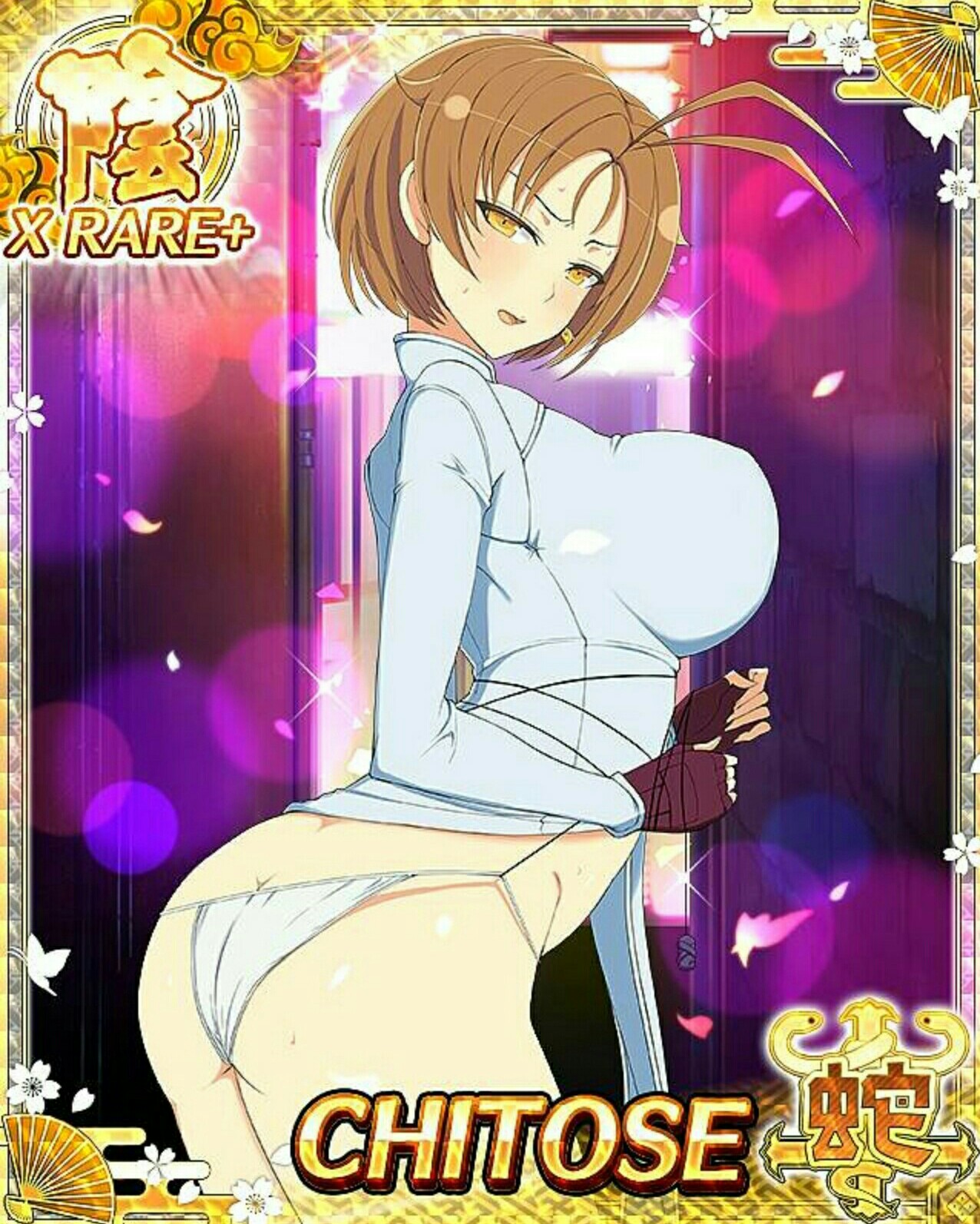 chitose (senran kagura), senran kagura, senran kagura new wave, game cg, highres, non-web source, official art, 1girl, ass, blush, breasts, brown hair, butt crack, card (medium), cleavage, fingerless gloves, gloves, large breasts, looking at viewer, official alternate costume, panties, short hair, solo, underwear, yellow eyes