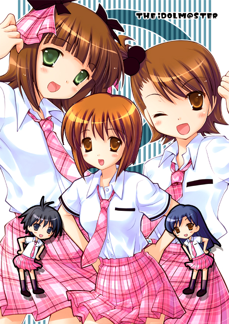 mame-p, amami haruka, futami ami, hagiwara yukiho, kikuchi makoto, kisaragi chihaya, idolmaster, idolmaster (classic), idolmaster 1, plaid neckwear, bad id, bad pixiv id, 00s, 5girls, antenna hair, black hair, blue hair, brown hair, green eyes, hair ribbon, long hair, multiple girls, necktie, one eye closed, plaid clothes, plaid necktie, plaid ribbon, plaid skirt, ribbon, rough time school, school uniform, short hair, side ponytail, skirt, wink