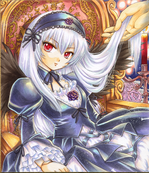 pemoko, suigintou, rozen maiden, bad id, bad pixiv id, traditional media, 00s, 1girl, armchair, chair, frills, hairband, long hair, red eyes, sitting, solo focus, white hair, wings