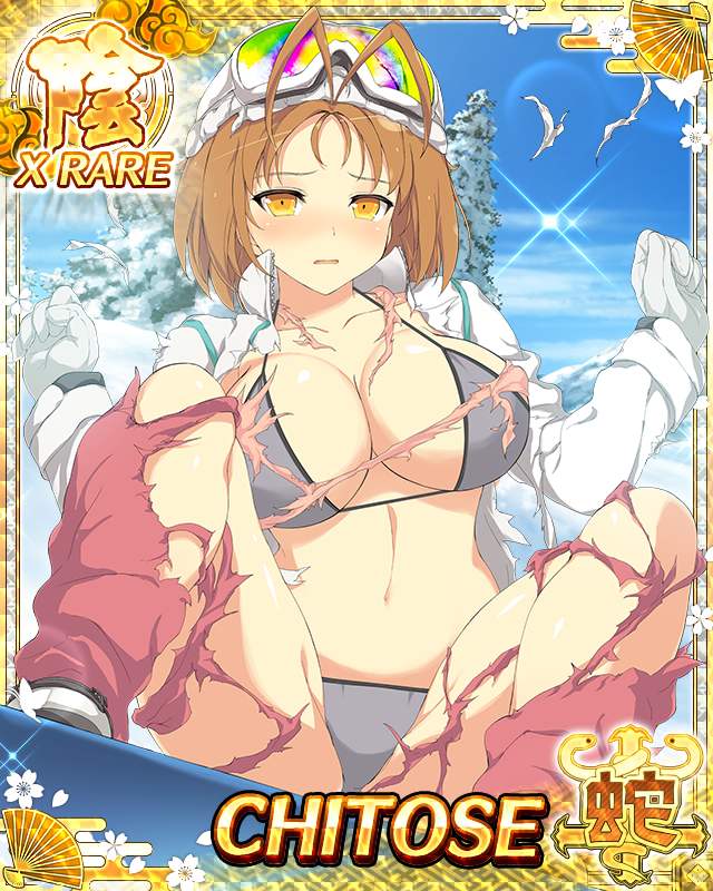 chitose (senran kagura), senran kagura, senran kagura new wave, game cg, non-web source, official art, 1girl, beanie, black bra, black panties, blush, bra, breasts, brown hair, card (medium), cleavage, goggles, goggles on head, goggles on headwear, hat, large breasts, looking at viewer, mittens, navel, official alternate costume, panties, short hair, snow, snowboard, snowboarding, solo, surprised, torn clothes, underwear, winter clothes, yellow eyes