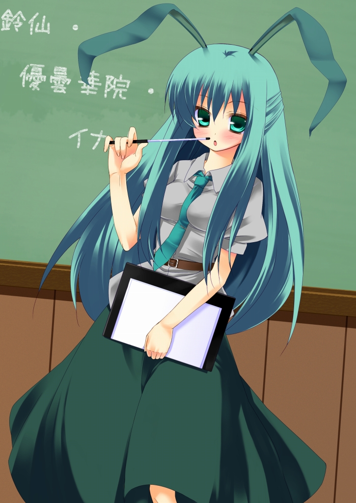 nigo (aozoragarou), reisen udongein inaba, touhou, 1girl, alternate color, alternate hair color, animal ears, aqua necktie, blush, chalkboard, female focus, green eyes, green hair, long hair, matching hair/eyes, necktie, player 2, rabbit ears, solo