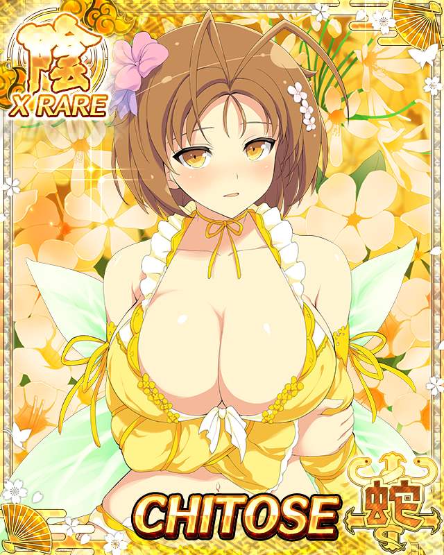 chitose (senran kagura), senran kagura, senran kagura new wave, game cg, non-web source, official art, 1girl, arm under breasts, bikini, blush, breasts, brown hair, card (medium), cleavage, floral print, flower, gold bikini, hair flower, hair ornament, large breasts, looking at viewer, navel, official alternate costume, open mouth, short hair, solo, swimsuit, yellow eyes