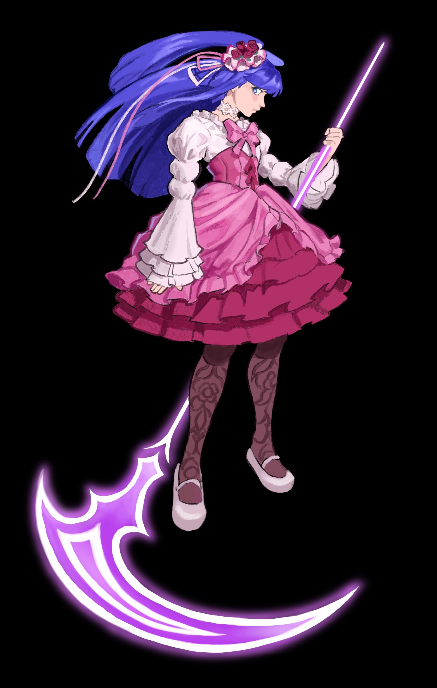 furudo erika, umineko no naku koro ni, highres, 1girl, black background, blue eyes, blue hair, blunt bangs, bow, choker, dadith, dress, flower, frilled skirt, frills, hair flower, hair ornament, hat, long hair, pantyhose, pink bow, ribbon, rose, scythe, simple background, skirt, solo, twintails