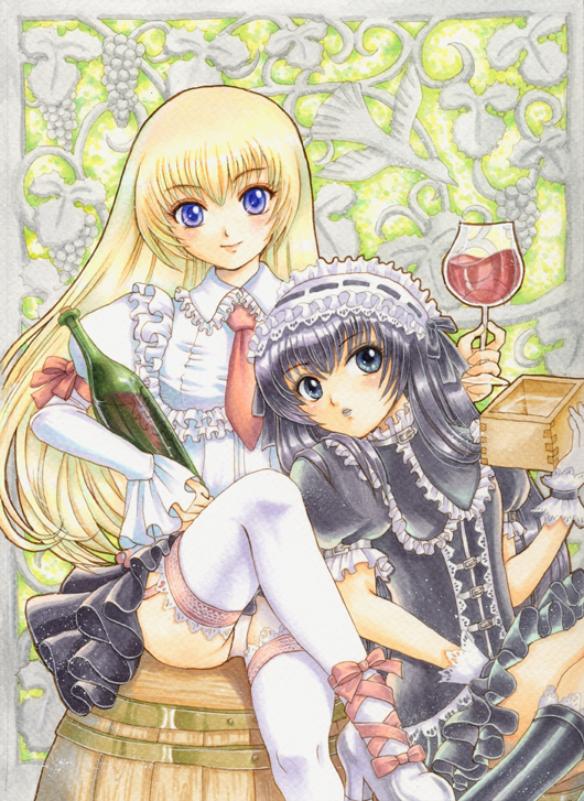 pemoko, marie (moyashimon), yuuki kei, moyashimon, bad id, bad pixiv id, traditional media, 1boy, 1girl, alcohol, barrel, black hair, blonde hair, blue eyes, boots, crossdressing, crossed legs, garter belt, gloves, gothic lolita, hairband, knee boots, lolita fashion, long hair, masu, necktie, panties, pantyshot, ribbon, sitting, skirt, thighhighs, trap, underwear, very long hair, white thighhighs, wine, zettai ryouiki