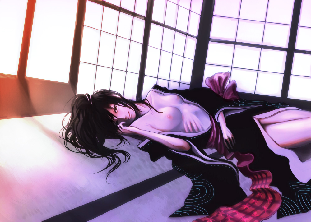 3 degrees celsius, 1girl, black hair, bow, breasts, cleavage, female focus, hair ornament, hairpin, japanese clothes, large breasts, long hair, lying, ribbon, ribs, skinny, solo, sunlight, window