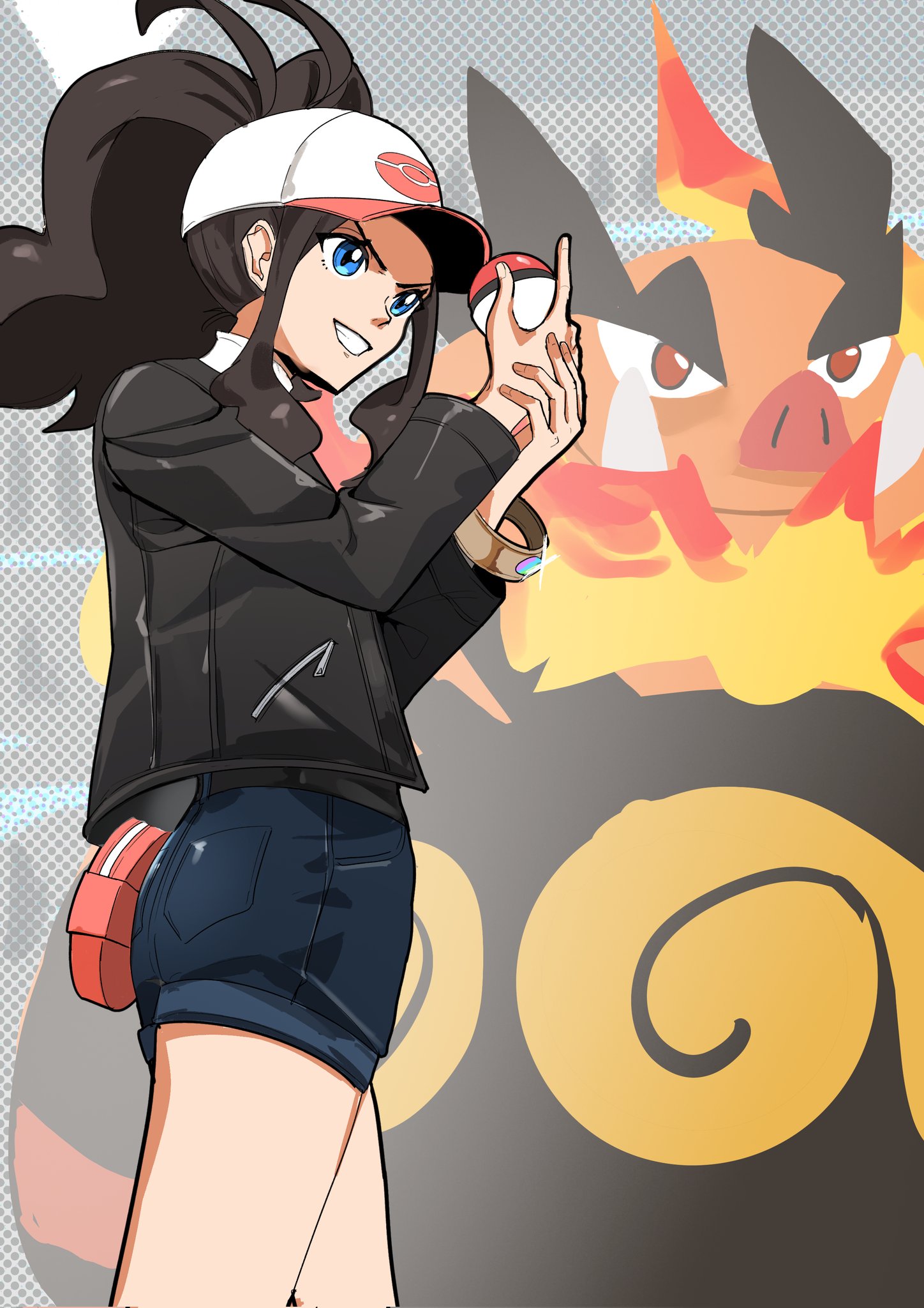 wildou p, emboar, hilda (pokemon), nintendo, pokemon, pokemon bw, highres, 1girl, baseball cap, denim, denim shorts, fiery hair, fire, gen 5 pokemon, hat, holding, holding poke ball, jacket, leather, leather jacket, long hair, poke ball, poke ball print, pokemon (creature), ponytail, shorts, tusks