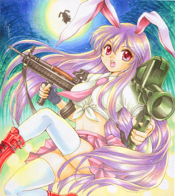pemoko, inaba tewi, reisen udongein inaba, touhou, bad id, bad pixiv id, traditional media, 2girls, animal ears, boots, breasts, bullpup, dual wielding, female focus, forest, front-tie top, gradient background, gun, holding, long hair, midriff, multiple girls, nature, navel, necktie, outdoors, pink necktie, plant, purple hair, rabbit ears, red eyes, rifle, skirt, sky, thighhighs, very long hair, weapon, white thighhighs, zettai ryouiki