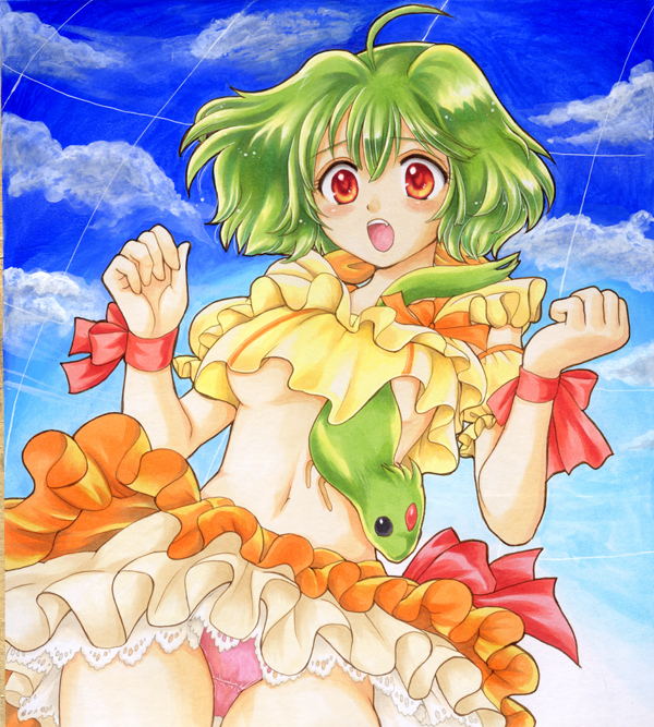 pemoko, ranka lee, macross, macross frontier, bad id, bad pixiv id, traditional media, 00s, 1girl, breasts, female focus, flapper shirt, frills, green hair, medium breasts, no bra, panties, pantyshot, red eyes, ribbon, shirt, short hair, solo, underboob, underwear