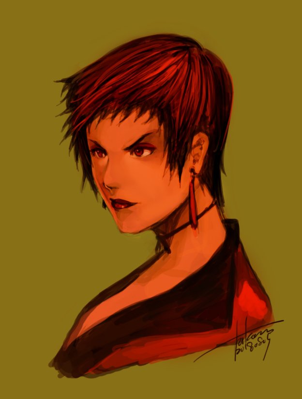 falcoon, vice (kof), the king of fighters, 1girl, breasts, brown eyes, brown hair, dress, earrings, female focus, formal clothes, jewelry, large breasts, short hair, suit, tan