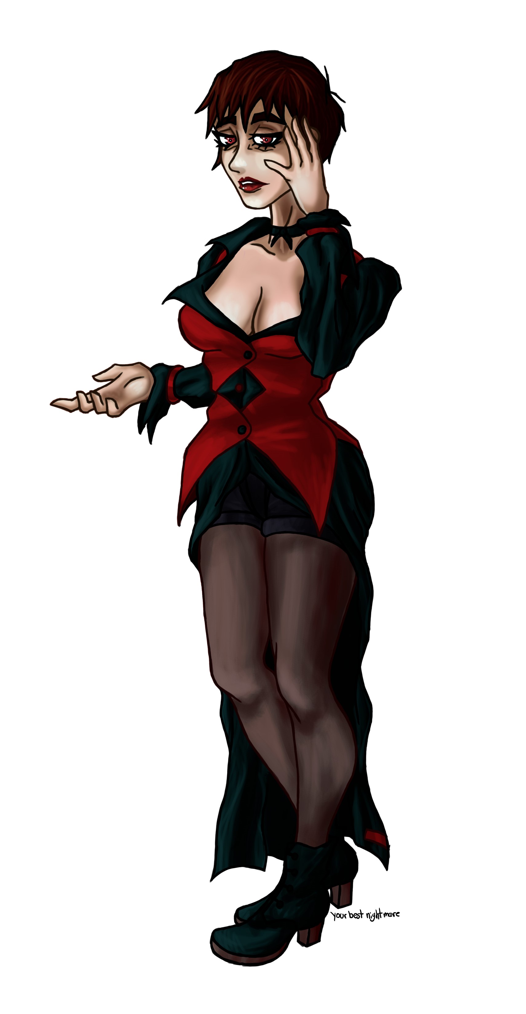 vice (kof), the king of fighters, absurdres, highres, 1girl, breasts, brown hair, dress, female focus, hand up, huge breasts, large breasts, looking at viewer, pantyhose, pps0226, red eyes, see-through clothes, shoes, short hair, shorts, skirt, socks, standing, tan, thick thighs, thighs, wide hips