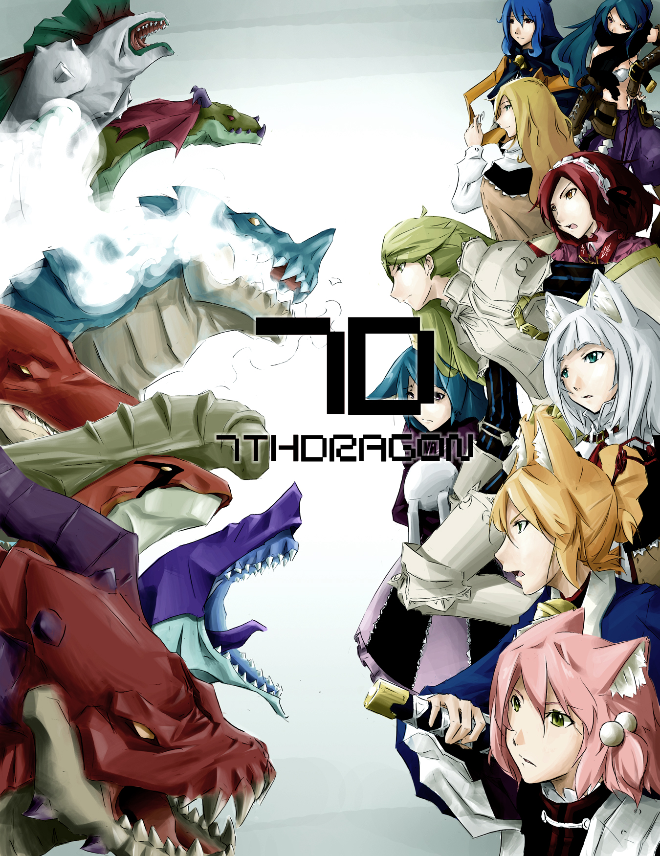 irena, aitelle, aiteru, fighter (7th dragon), harukara (7th dragon), healer (7th dragon), ikurakun (7th dragon), kate (7th dragon), knight (7th dragon), mage (7th dragon), melk (7th dragon), momomeno (7th dragon), namuna (7th dragon), princess (7th dragon), rogue (7th dragon), rosary (7th dragon), samurai (7th dragon), vanessa (7th dragon), 7th dragon, 7th dragon (series), atlus, persona, persona 3, bad id, bad pixiv id, highres, 6+girls, animal ears, armor, blonde hair, blue hair, dragon, dress, green hair, hairband, long hair, multiple girls, parody, pink hair, shield, short hair, stuffed animal, stuffed toy