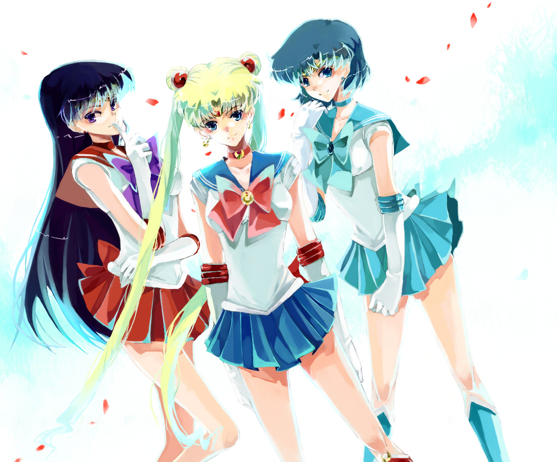 nako, nako (nonrain), hino rei, mizuno ami, sailor mars, sailor mercury, sailor moon, tsukino usagi, bishoujo senshi sailor moon, bishoujo senshi sailor moon (first season), blue footwear, bad id, bad pixiv id, 1990s (style), 3girls, aqua eyes, black hair, blonde hair, blue hair, blue sailor collar, blue skirt, boots, bow, choker, double bun, earrings, elbow gloves, gloves, hair bun, inner senshi, jewelry, knee boots, long hair, magical girl, miniskirt, multiple girls, petals, purple eyes, red bow, red skirt, retro artstyle, sailor collar, sailor senshi, short hair, skirt, tiara, twintails, very long hair, white gloves