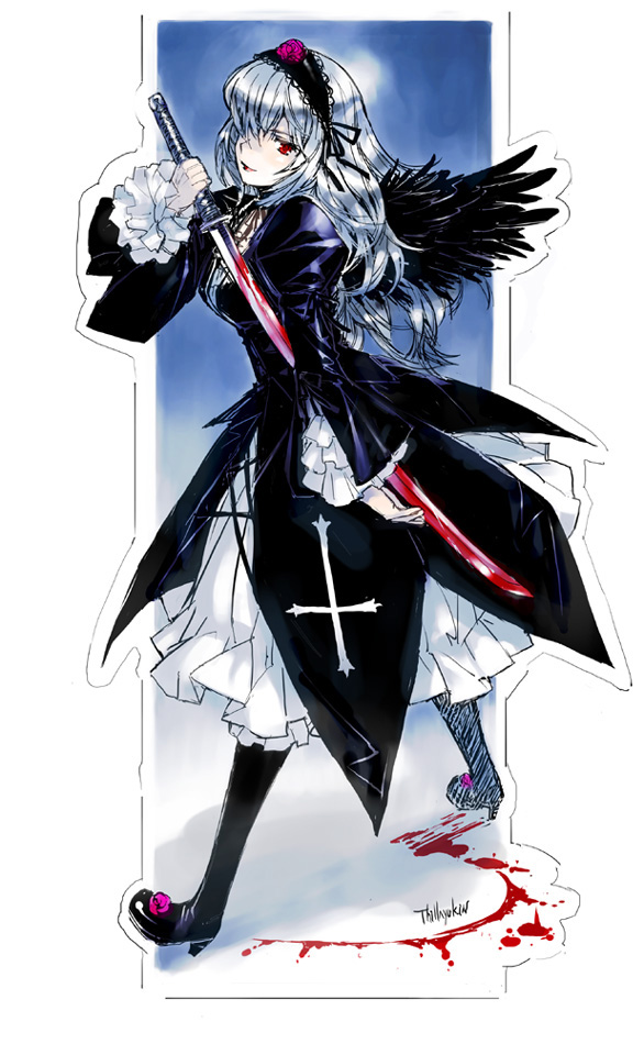 shirayuki shoushirou, suigintou, rozen maiden, silver hair, 00s, blood, dress, frills, hairband, katana, long hair, red eyes, solo, sword, weapon, wings