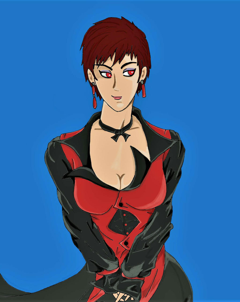 vice (kof), the king of fighters, highres, 1girl, breasts, brown eyes, dress, earrings, female focus, formal clothes, jewelry, medium breasts, red eyes, short hair, suit, wide hips