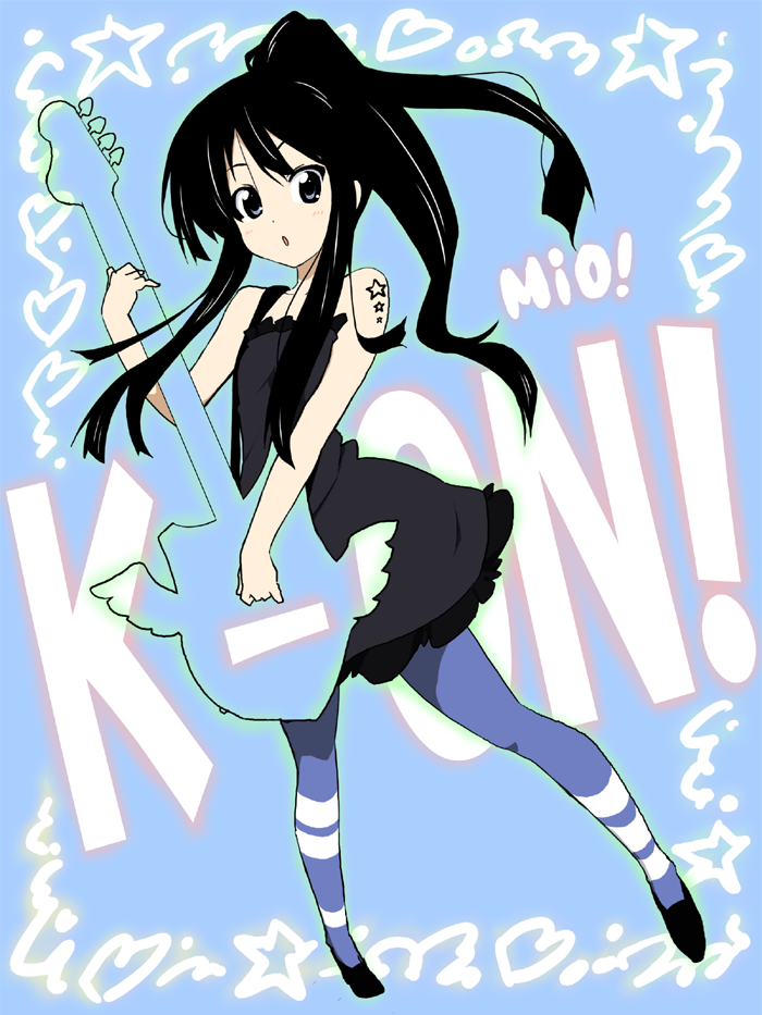 take shinobu, takesinobu, akiyama mio, k-on!, bad id, bad pixiv id, 00s, 1girl, bass guitar, black hair, blunt bangs, female focus, gothic lolita, hime cut, instrument, lolita fashion, pantyhose, ponytail, solo