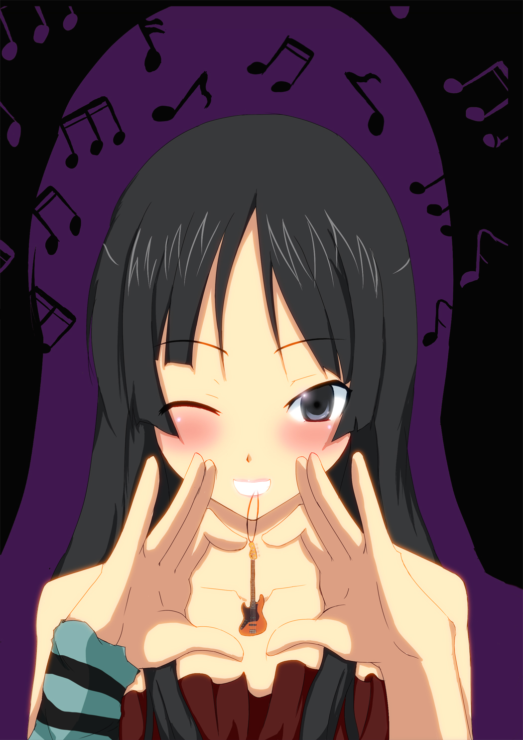 hazuki natena, akiyama mio, k-on!, striped, highres, 00s, 1girl, bare shoulders, bass guitar, black eyes, black hair, blunt bangs, blush, dress, female focus, guitar, hime cut, instrument, long hair, mouth hold, musical note, one eye closed, smile, solo, spaghetti strap, wink
