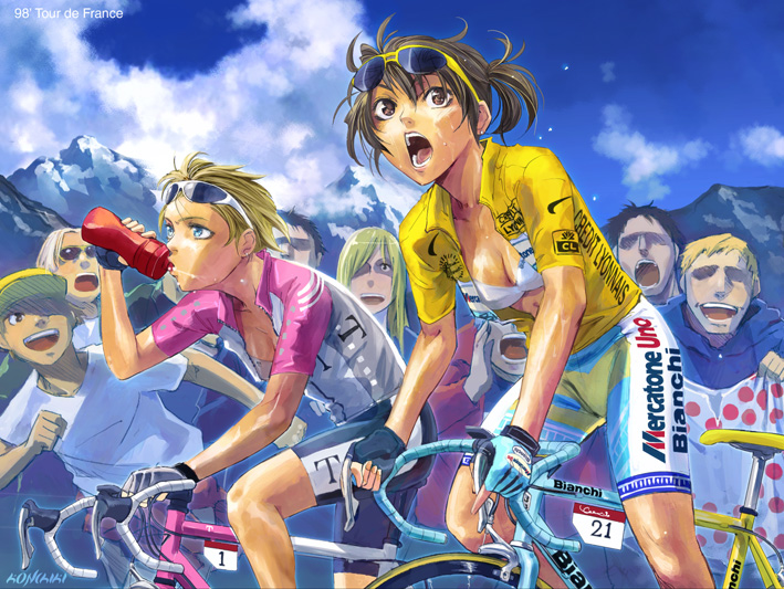 konchiki, gender request, 2girls, 6+boys, bicycle, blonde hair, blue eyes, bra, breasts, brown eyes, brown hair, cleavage, cloud, day, genderswap, lingerie, medium breasts, mountain, multiple boys, multiple girls, outdoors, racing, sky, sunglasses, sweat, tour de france, underwear, water