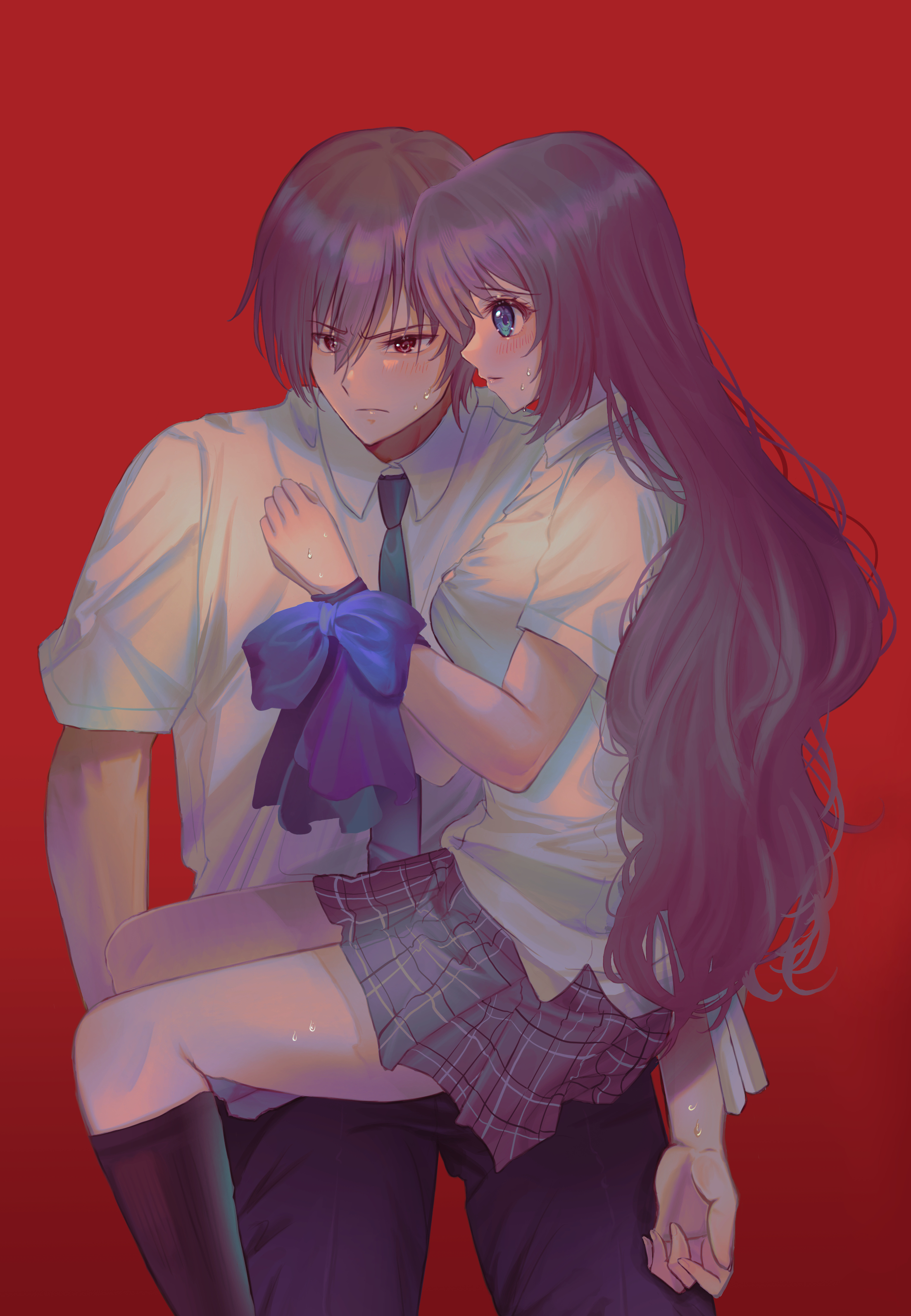 miiizuno lbs, a-chan (little busters!), natsume kyousuke, little busters!, absurdres, commentary request, highres, >:(, 1boy, 1girl, averting eyes, black pants, blue bow, blue bowtie, blue eyes, blue necktie, blush, bound, bound wrists, bow, bowtie, breasts, brown hair, closed mouth, collared shirt, cowboy shot, dress shirt, embarrassed, eyelashes, eyes visible through hair, feet out of frame, frown, furrowed brow, grey skirt, hair between eyes, hands up, hetero, large breasts, little busters! school uniform, long hair, looking to the side, miniskirt, necktie, pants, plaid clothes, plaid skirt, pleated skirt, profile, red background, red eyes, school uniform, shirt, short hair, short sleeves, sidelocks, simple background, sitting, sitting on lap, sitting on person, skirt, sweat, tareme, tsurime, v-shaped eyebrows, very long hair, white shirt, wrist bow
