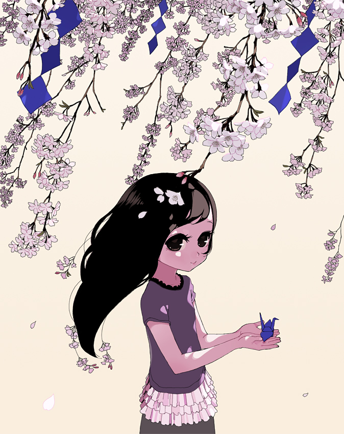 ichikawa, original, black hair, cherry blossoms, child, flower, origami, paper crane