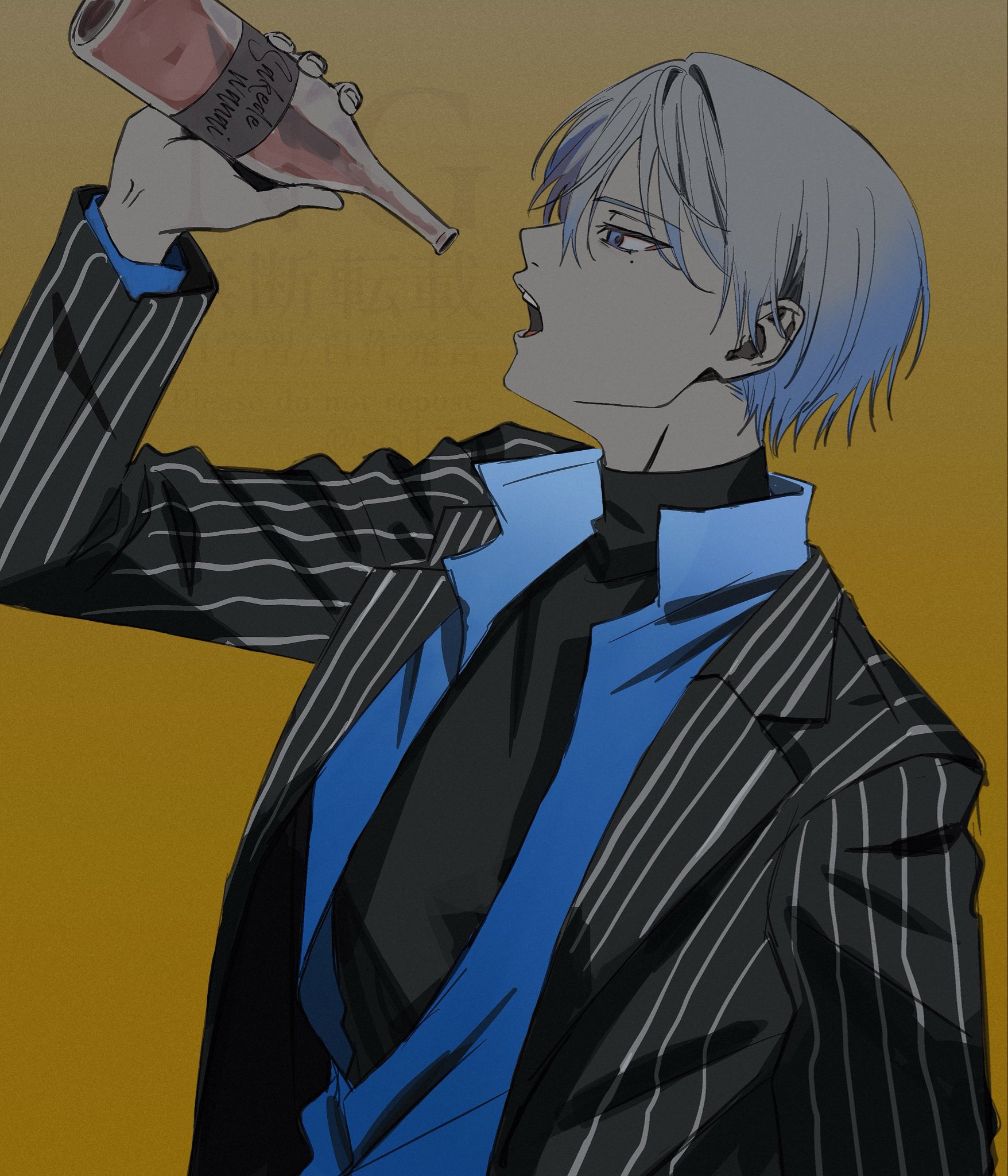 sorase (so17p), aoyagi touya, call boy (vocaloid), project sekai, commentary, highres, 1boy, arm up, black shirt, blazer, blue eyes, bottle, brown background, glass bottle, high collar, holding, holding bottle, jacket, lapels, layered clothes, long sleeves, male focus, mole, mole under eye, notched lapels, open clothes, open jacket, open mouth, profile, shirt, short hair, simple background, solo, teeth, turtleneck, upper body, upper teeth only